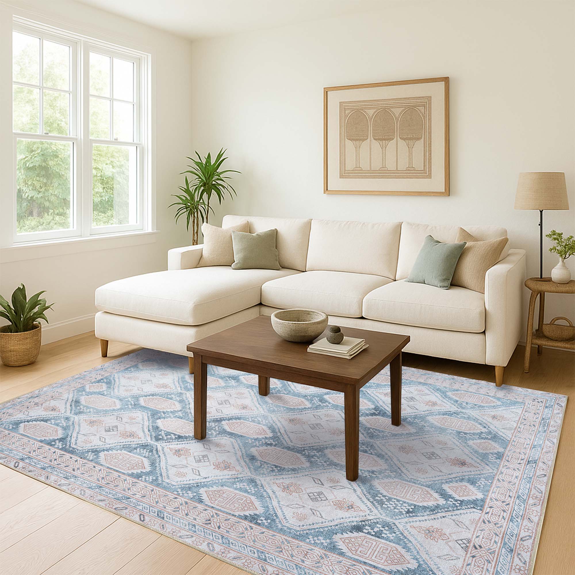 Samara Cream Blue Distressed Turkish Rug