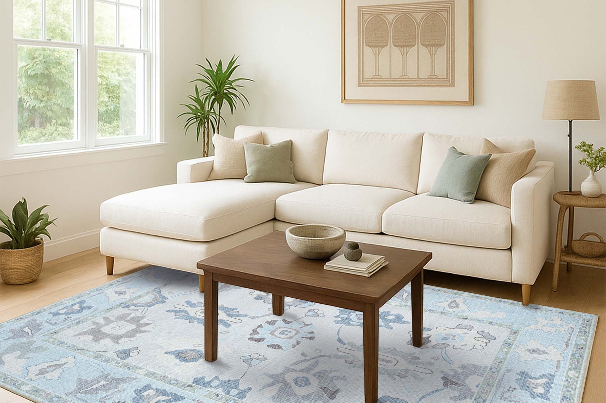 Pamira Cream Blue Floral Modern Oushak Rug