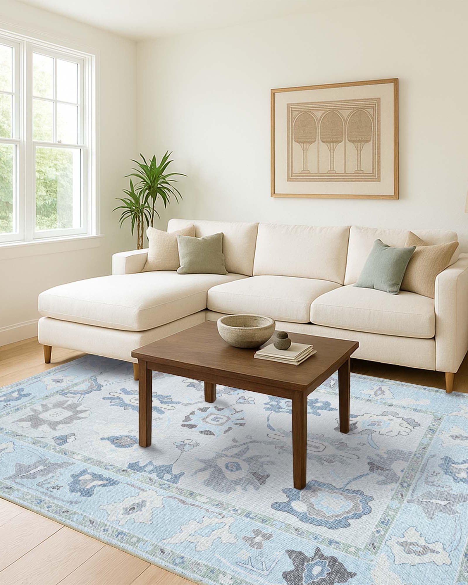 Pamira Cream Blue Floral Modern Oushak Rug