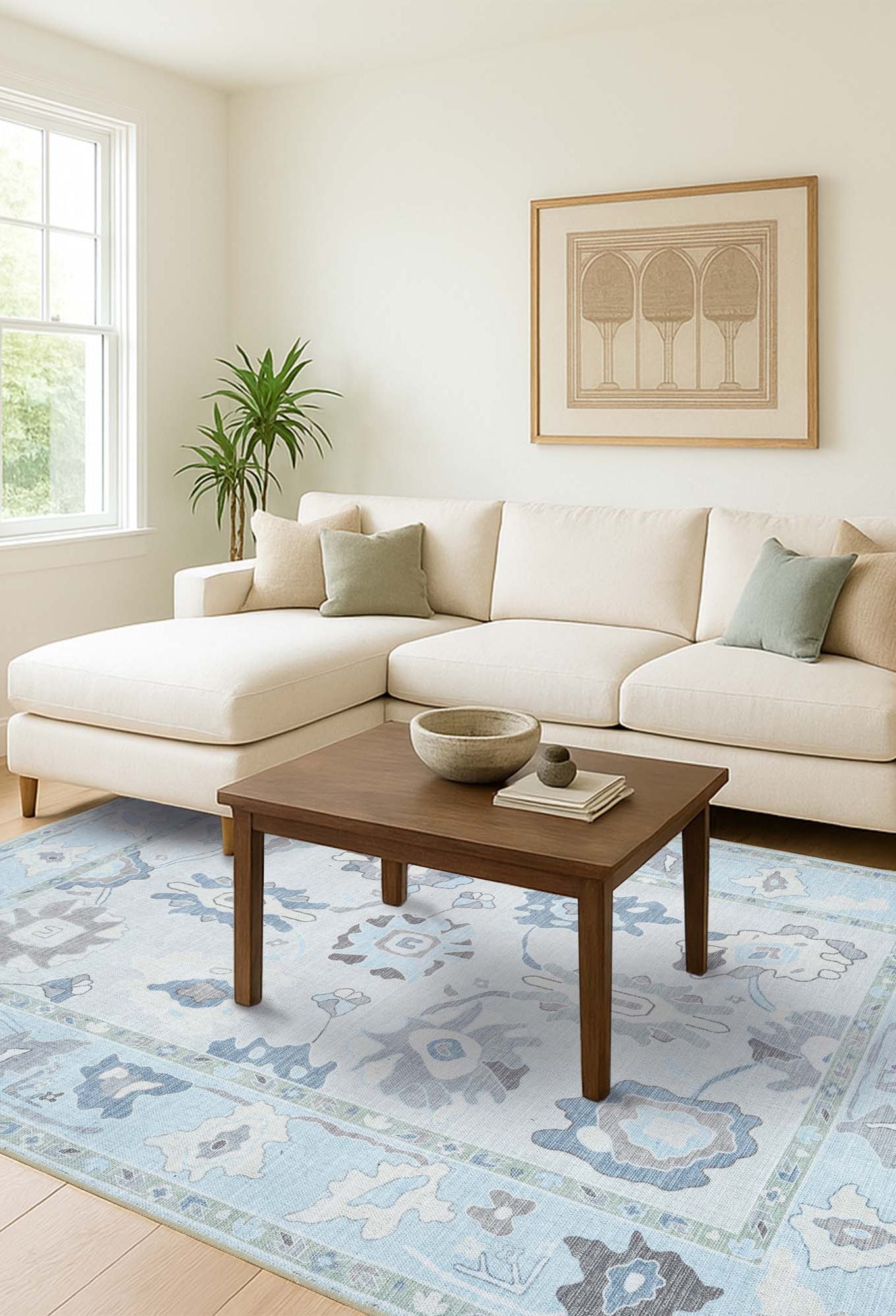 Pamira Cream Blue Floral Modern Oushak Rug