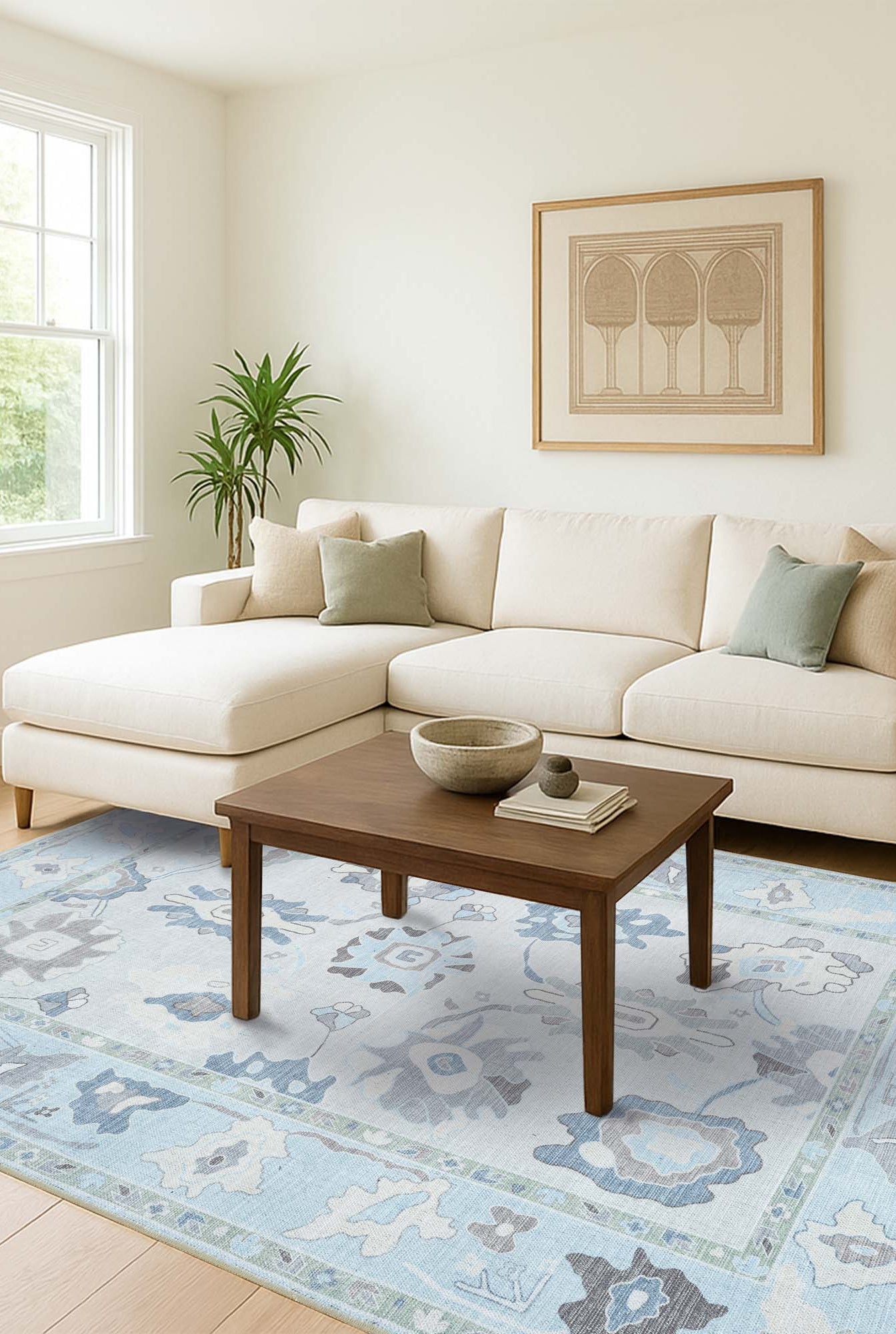 Pamira Cream Blue Floral Modern Oushak Rug