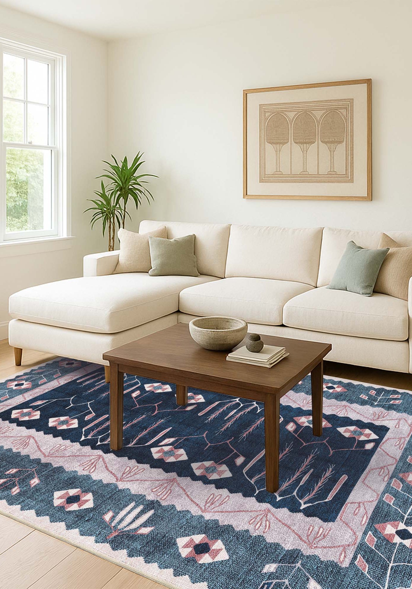 Marceline Navy Blue Floral Turkish Kilim Rug