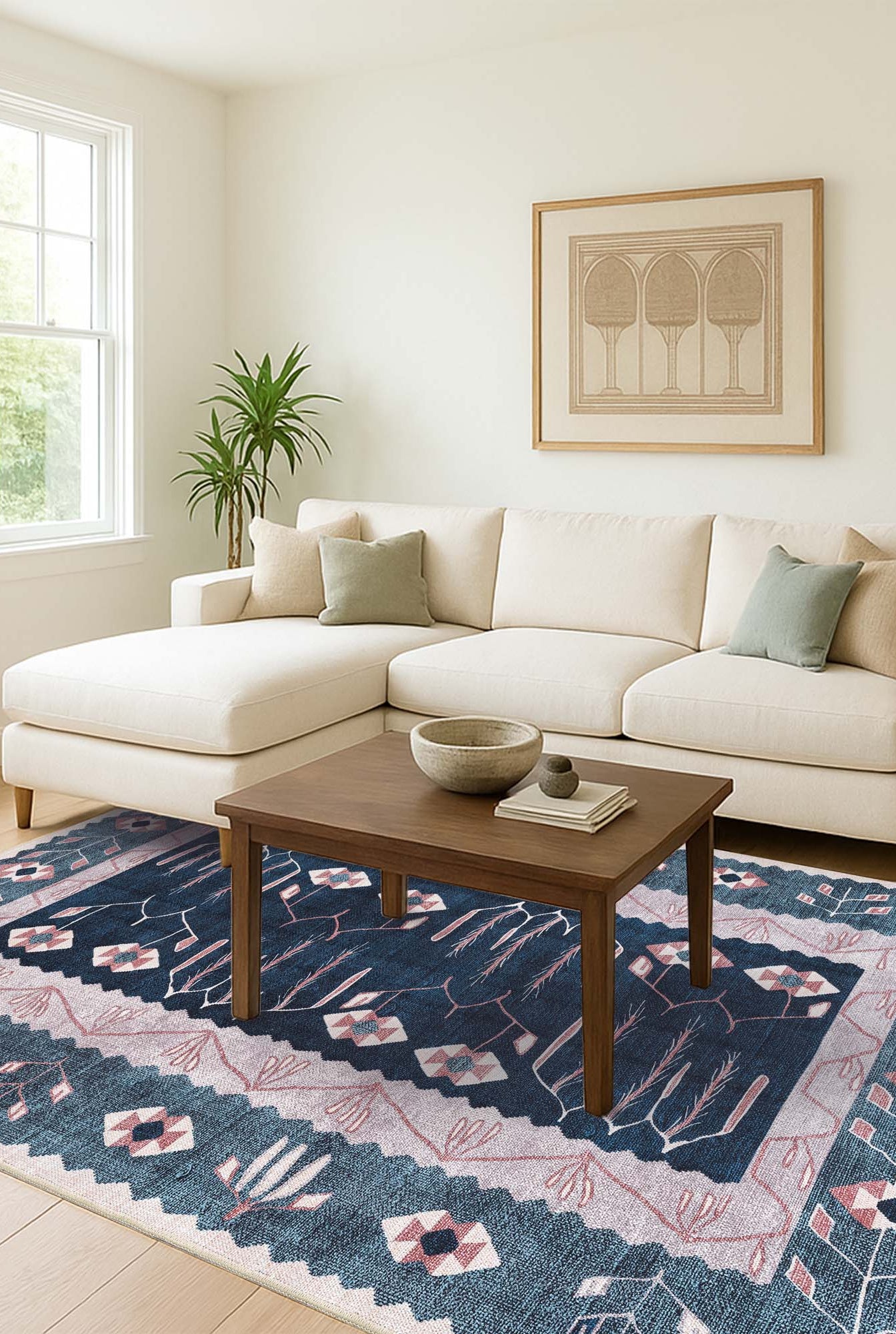 Marceline Navy Blue Floral Turkish Kilim Rug