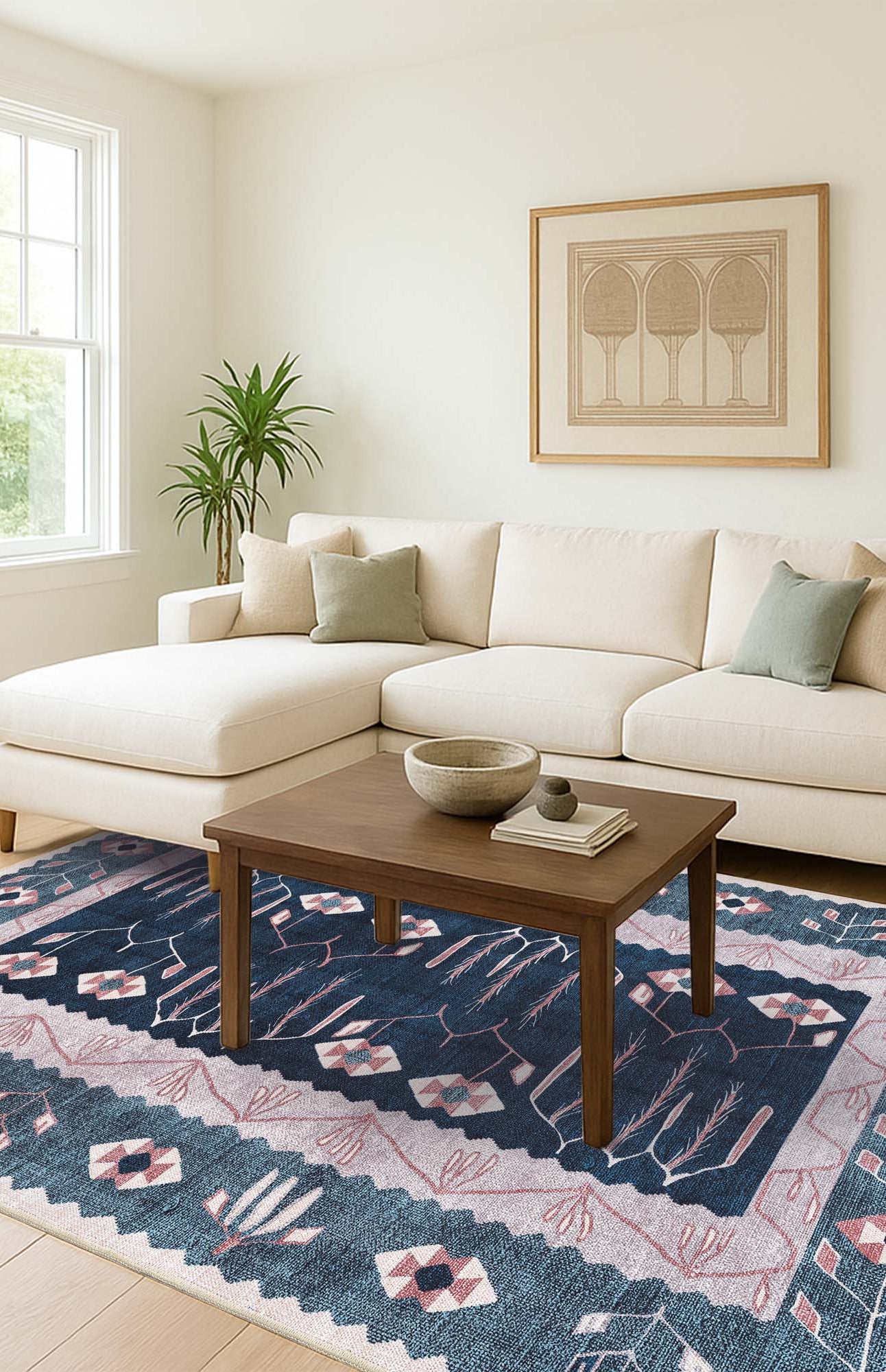 Marceline Navy Blue Floral Turkish Kilim Rug