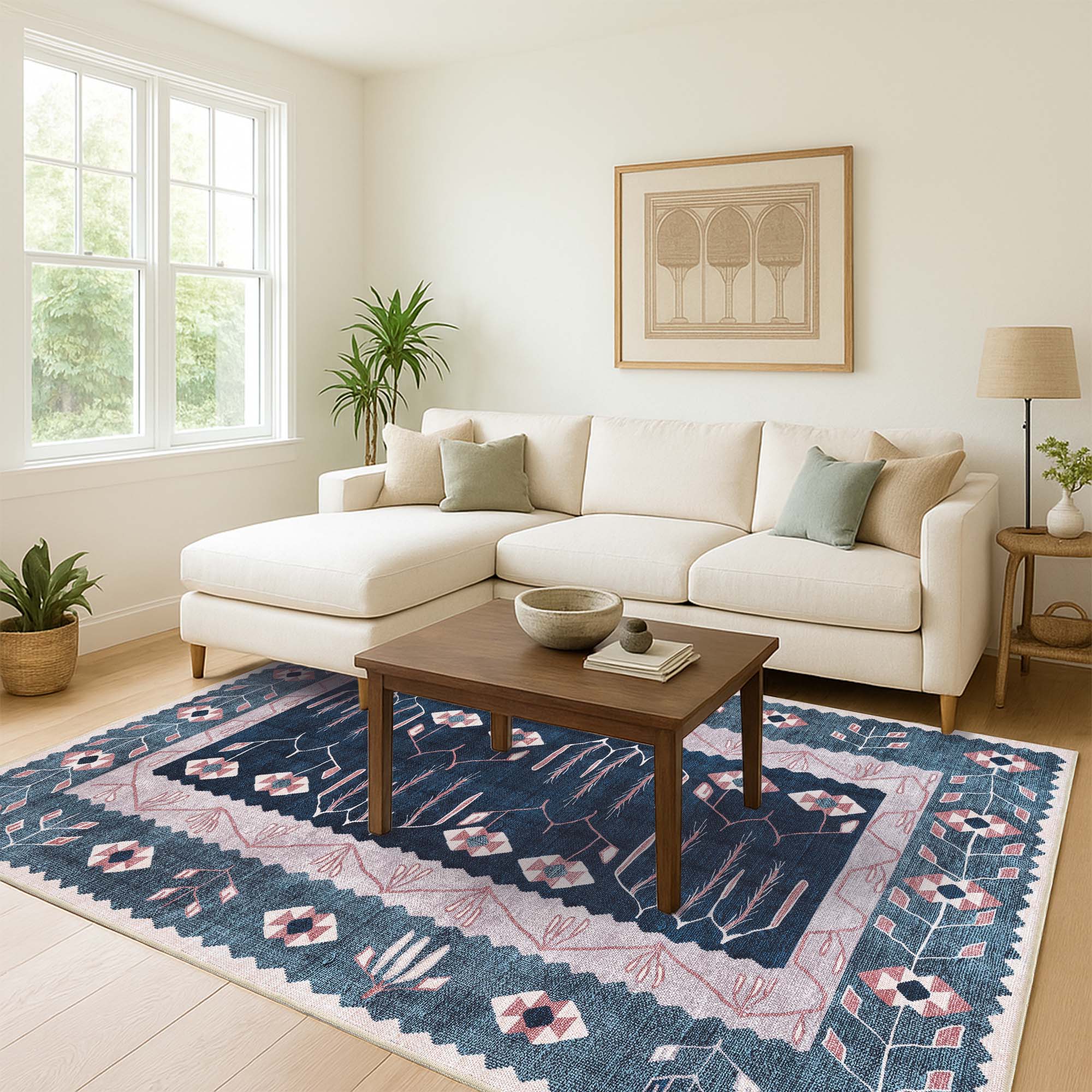 Marceline Navy Blue Floral Turkish Kilim Rug