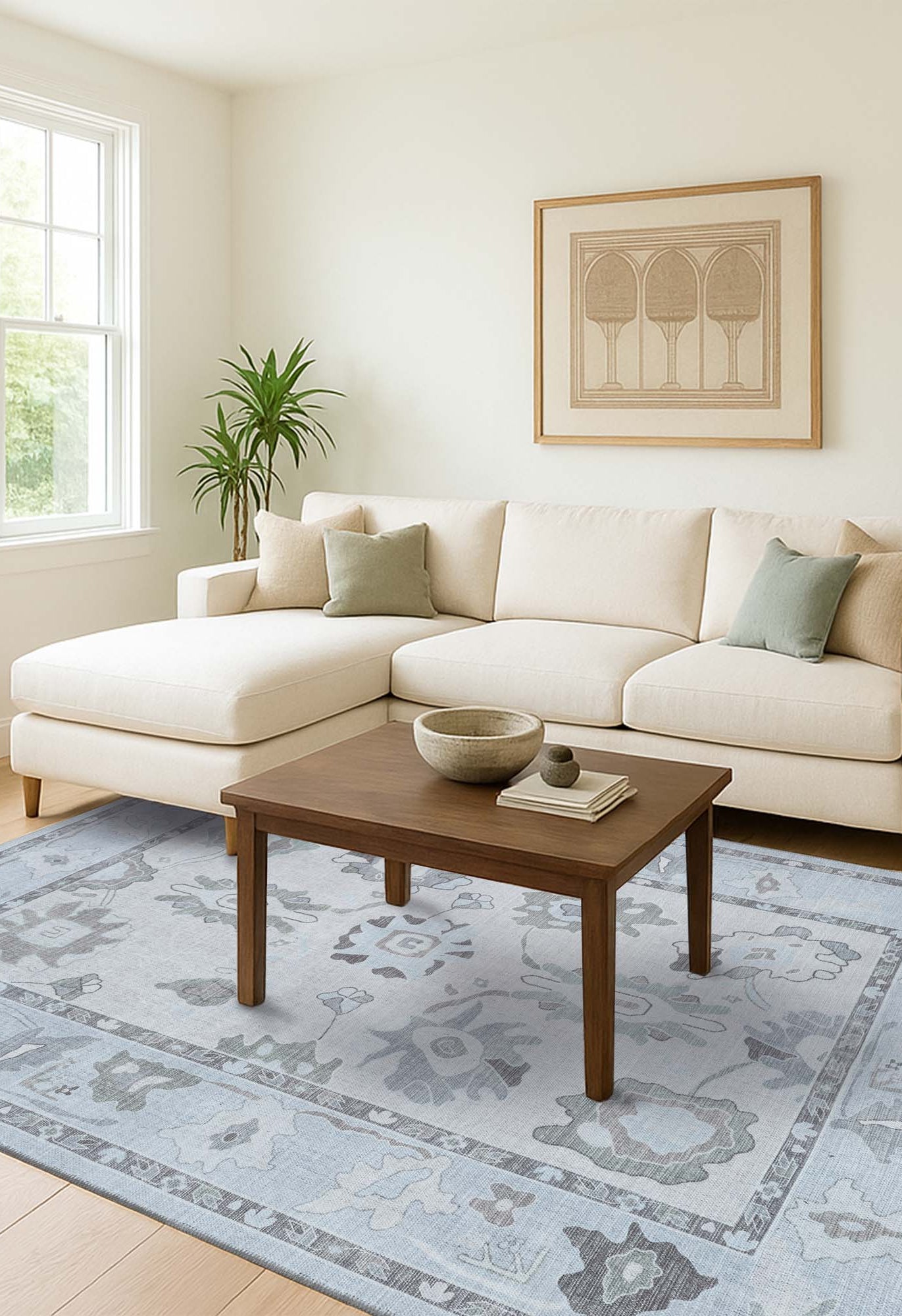 Vira Pastel Cream Beige Floral Modern Oushak Rug