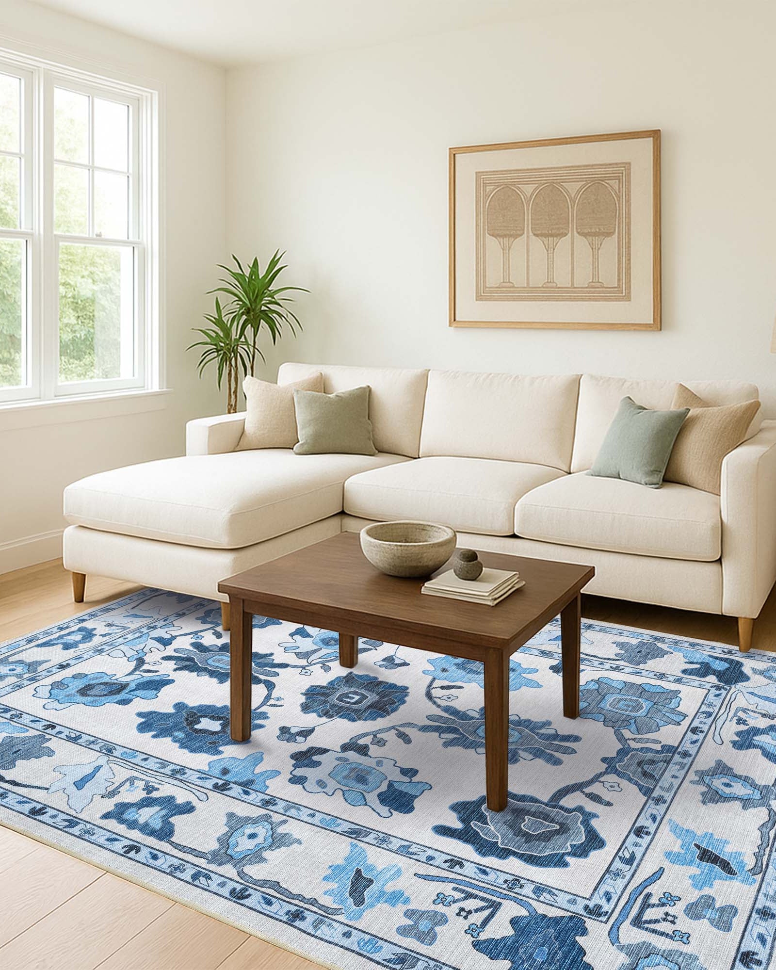 Ellis Navy Blue White Modern Floral Oushak Rug