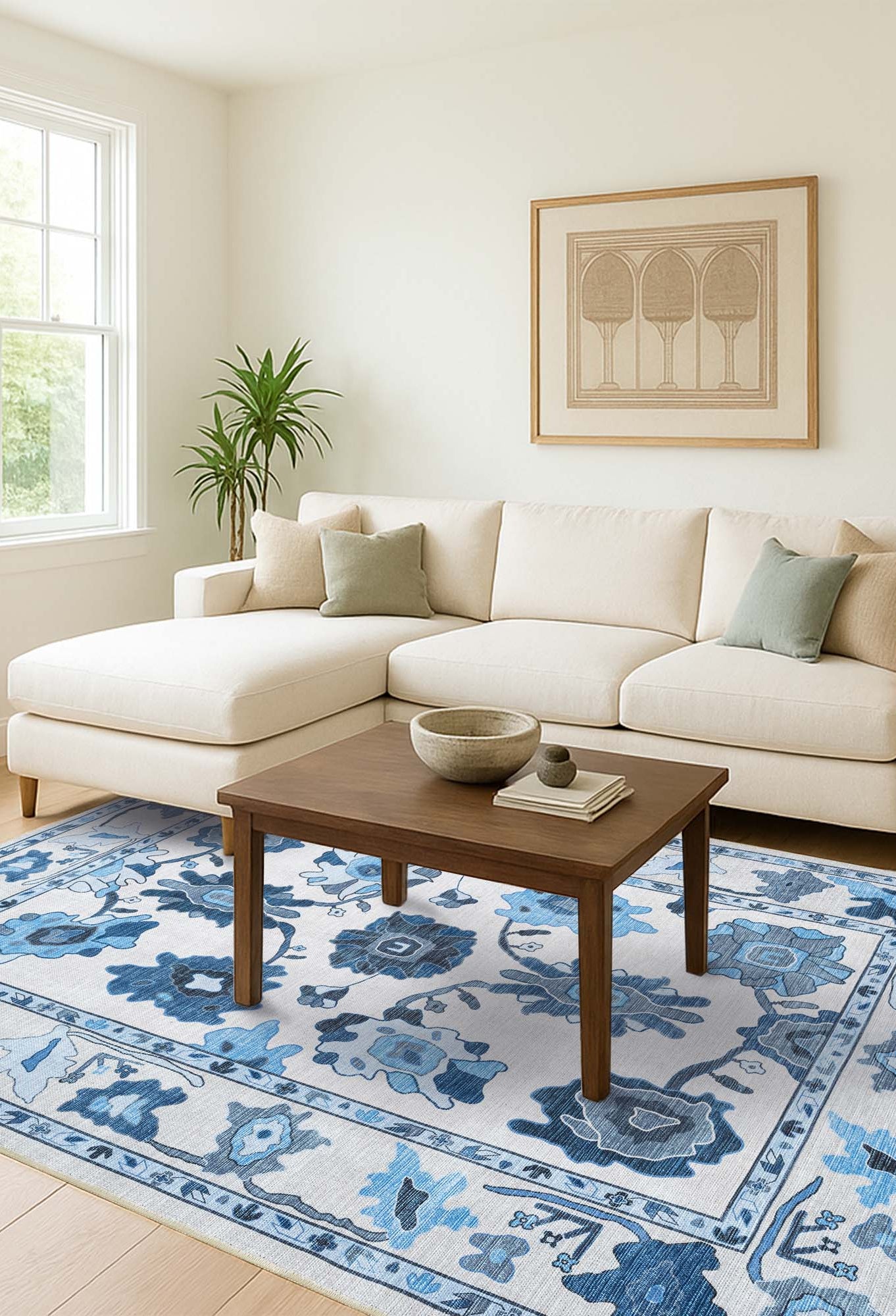 Ellis Navy Blue White Modern Floral Oushak Rug