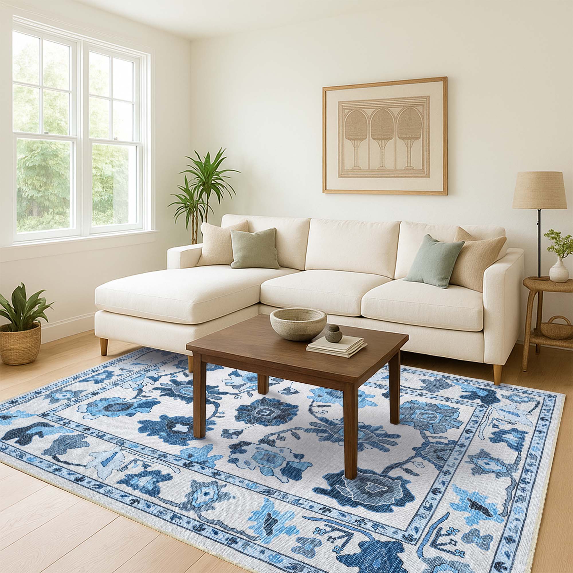 Ellis Navy Blue White Modern Floral Oushak Rug
