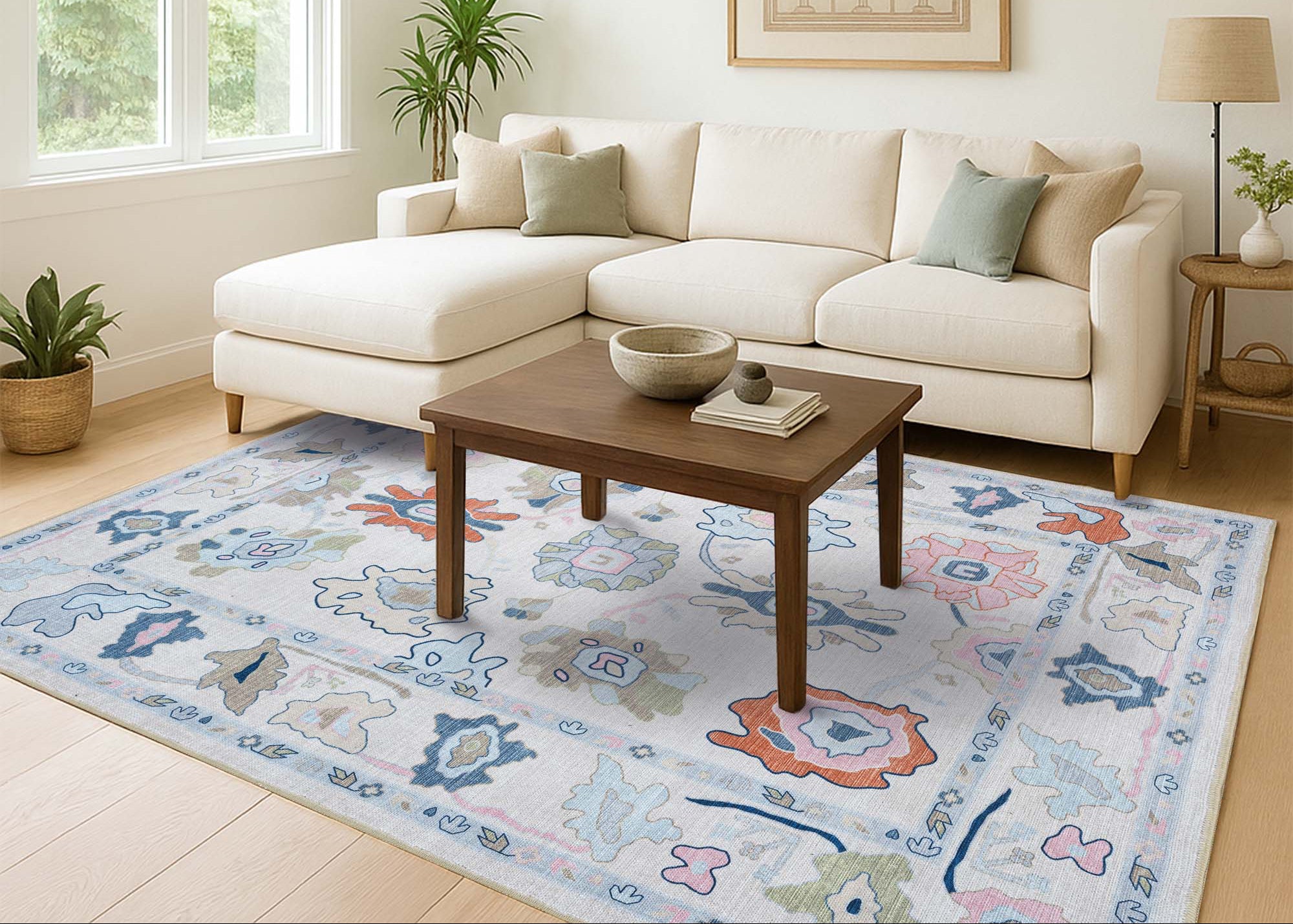 Mary Rose White Pastel Colorful Floral Oushak Rug - Fame Rugs