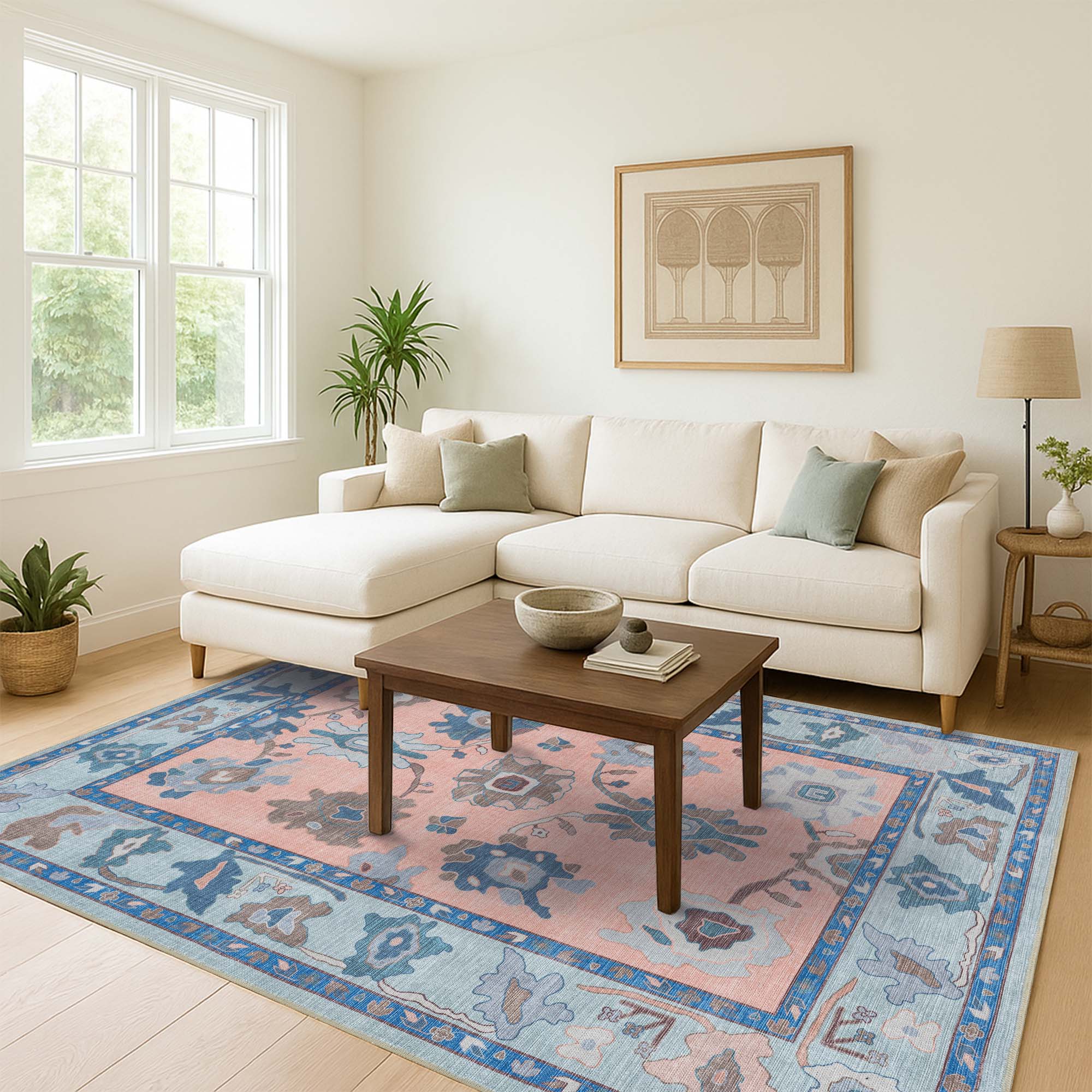 Menna Salmon Orange Blue Modern Oushak Rug