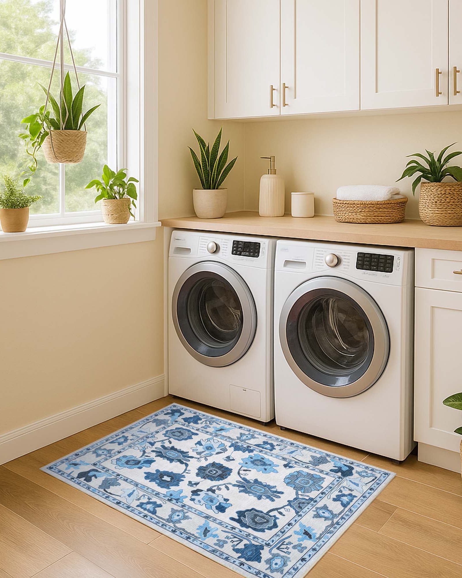 Ellis Navy Blue White Modern Floral Oushak Rug