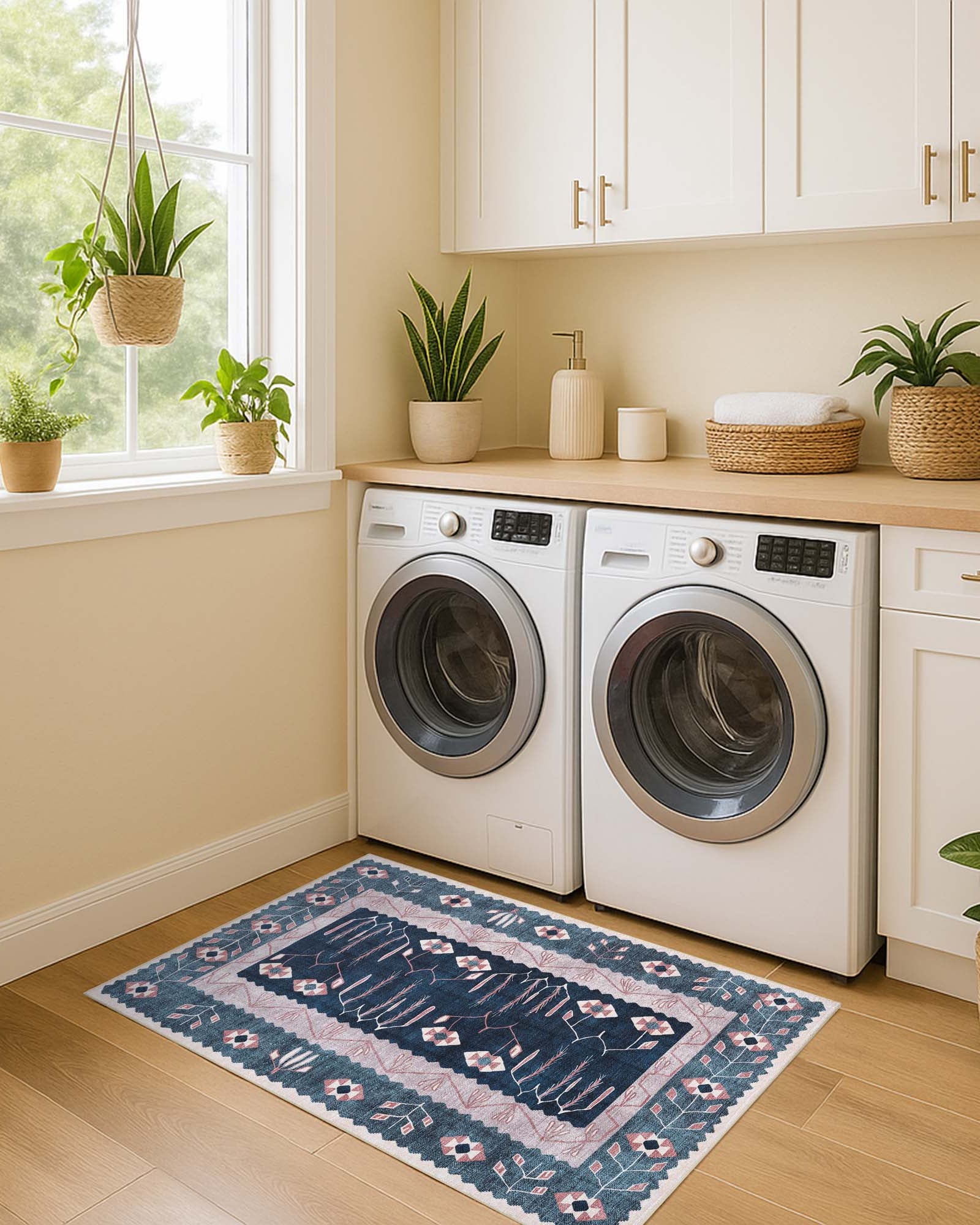 Marceline Navy Blue Floral Turkish Kilim Rug