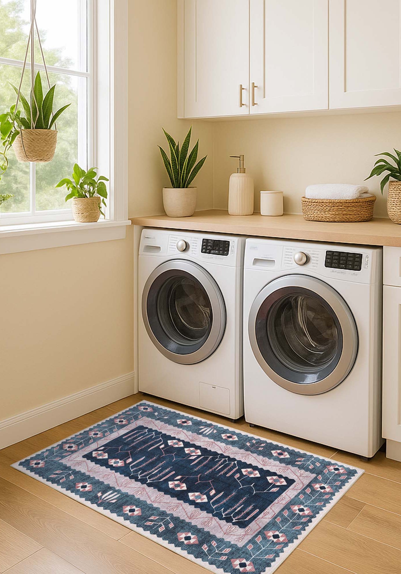 Marceline Navy Blue Floral Turkish Kilim Rug