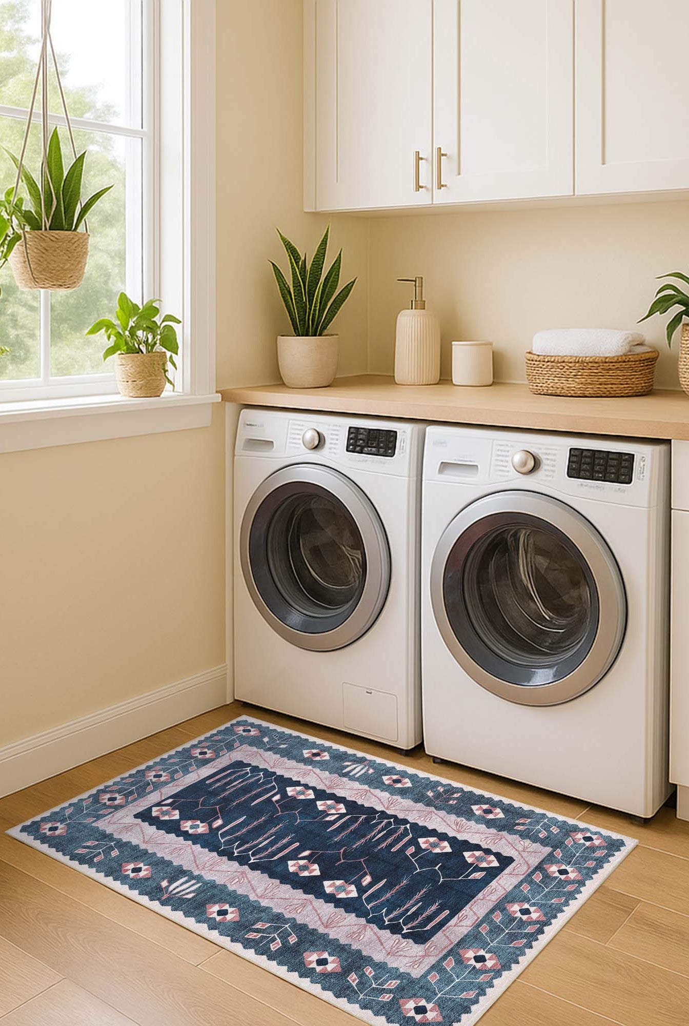 Marceline Navy Blue Floral Turkish Kilim Rug