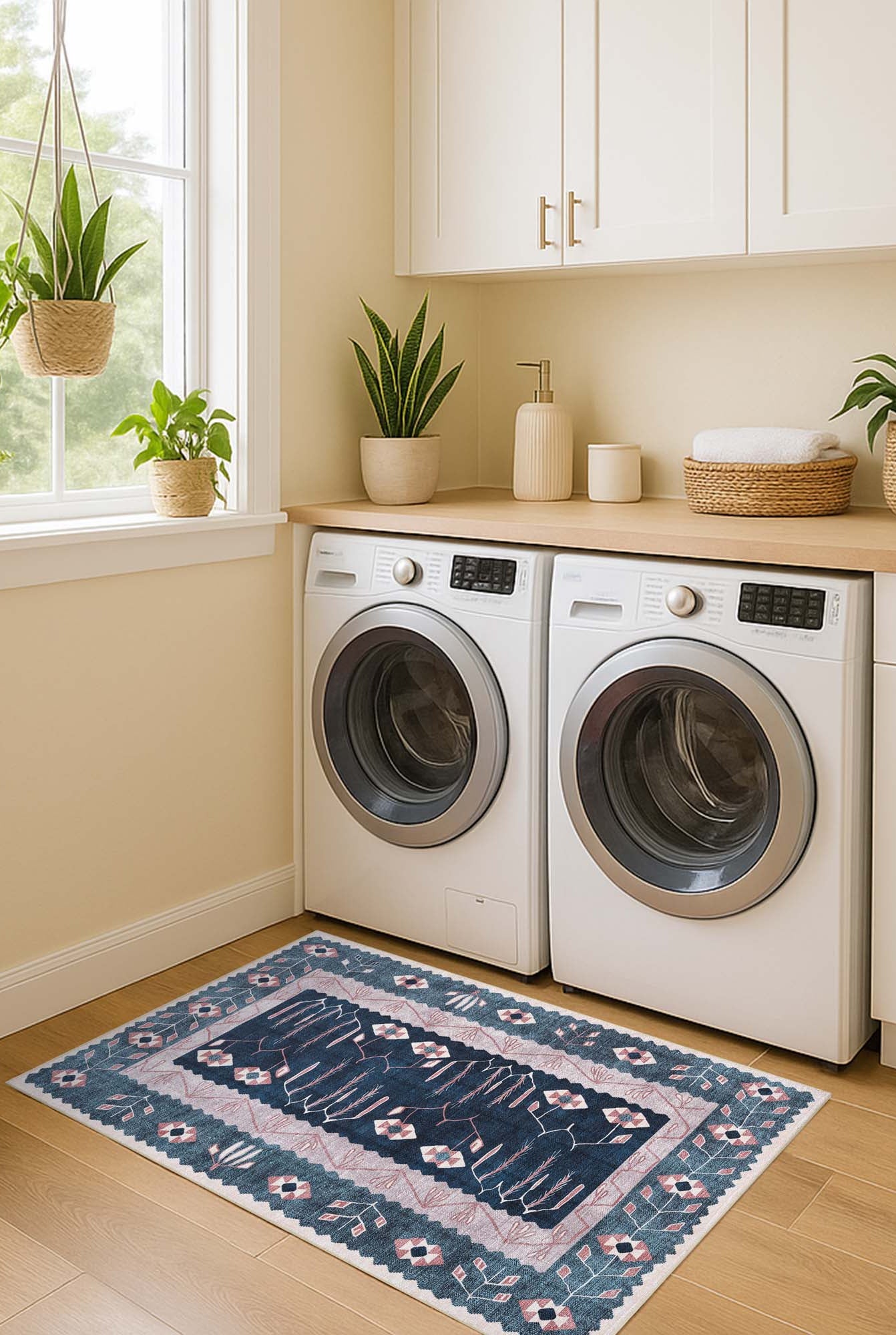 Marceline Navy Blue Floral Turkish Kilim Rug