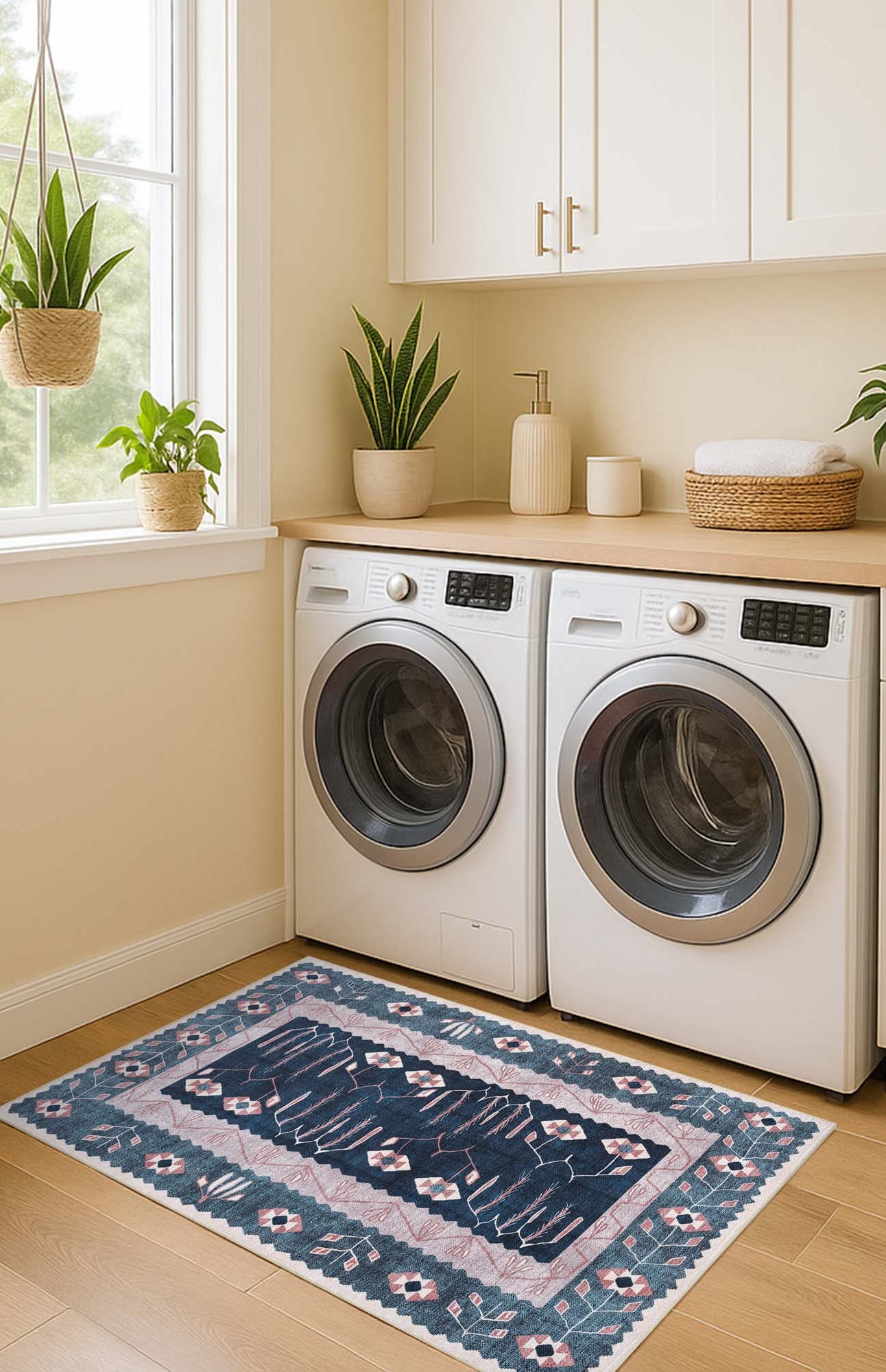 Marceline Navy Blue Floral Turkish Kilim Rug