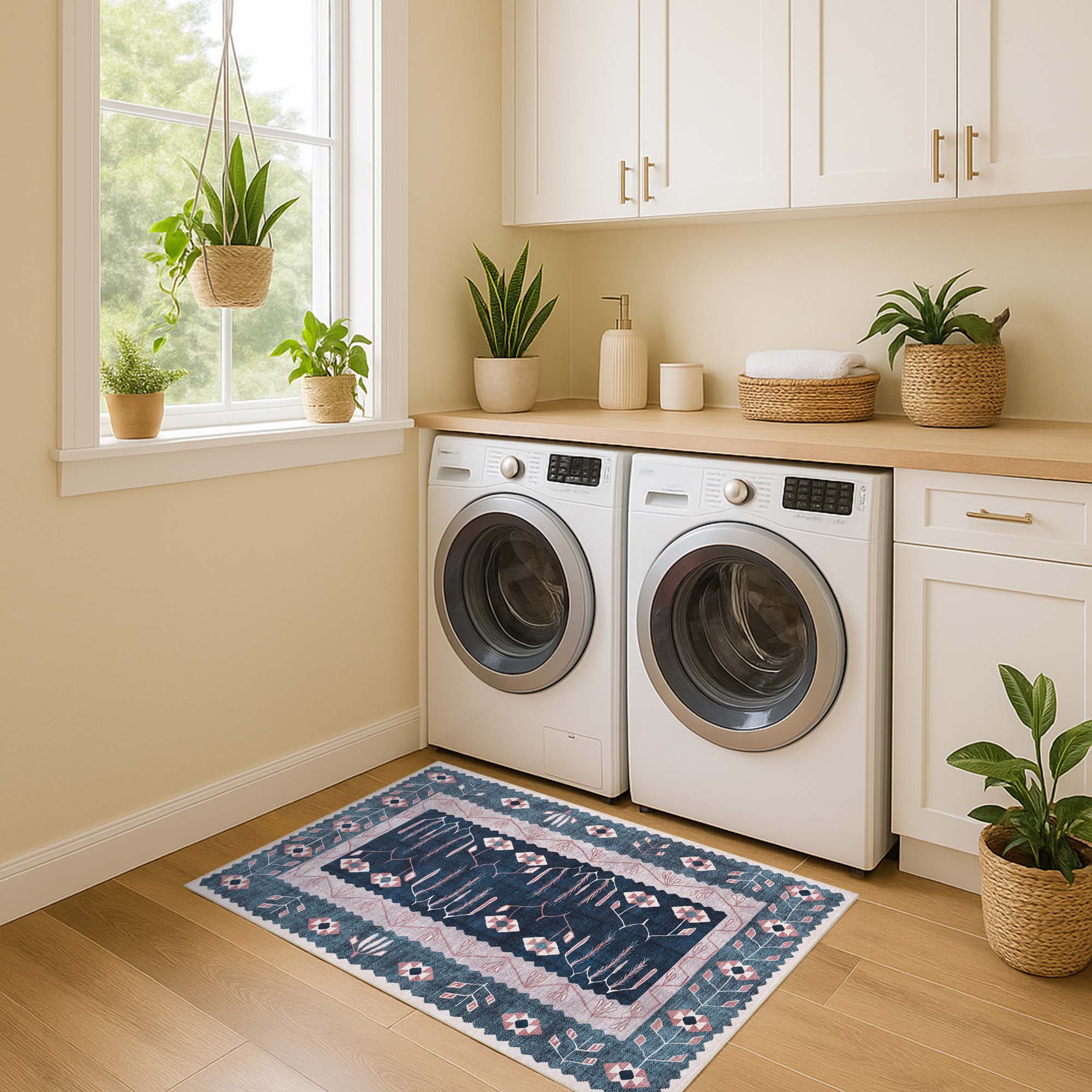 Marceline Navy Blue Floral Turkish Kilim Rug