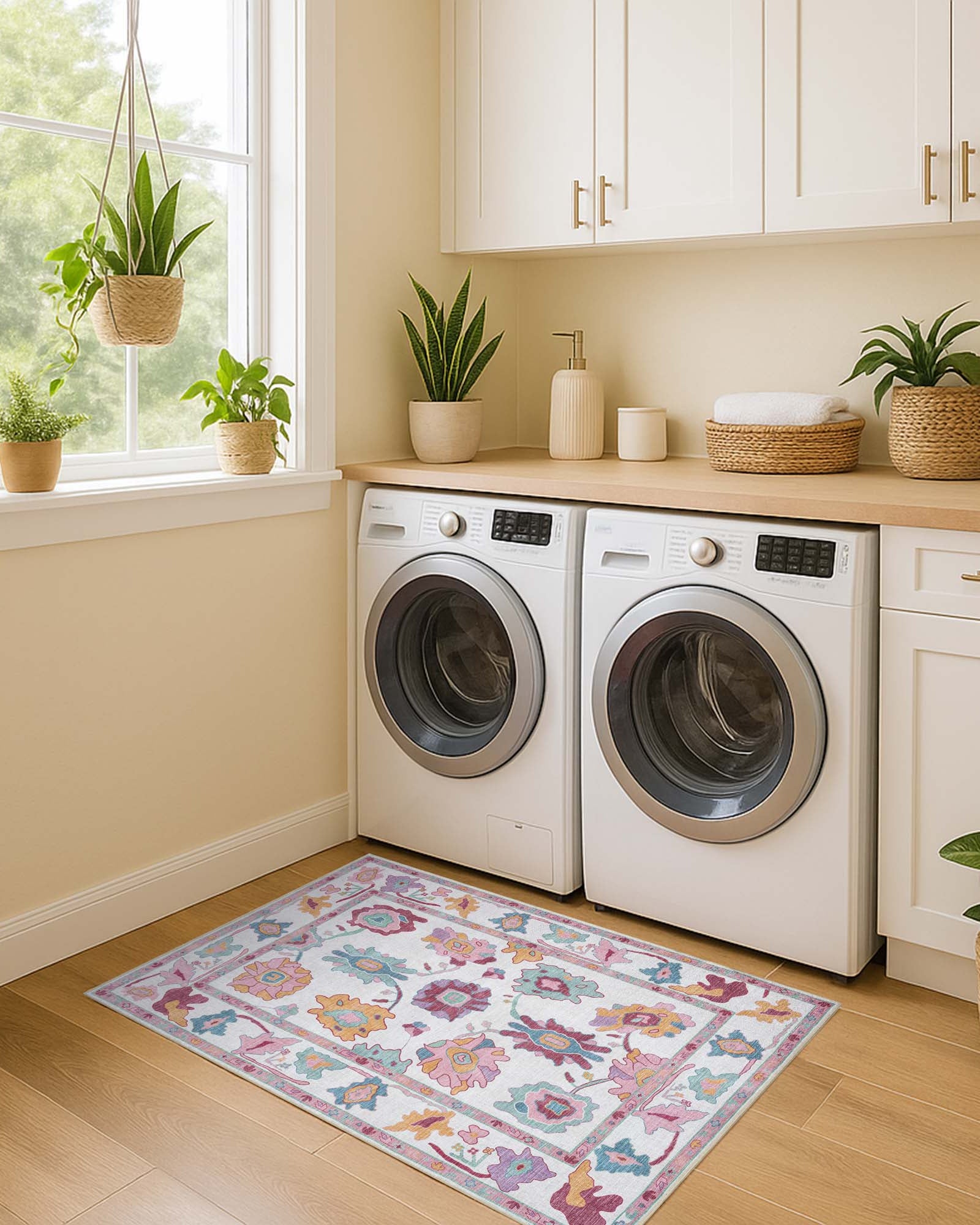 Florine Pastel Pink Orange Floral Oushak Rug