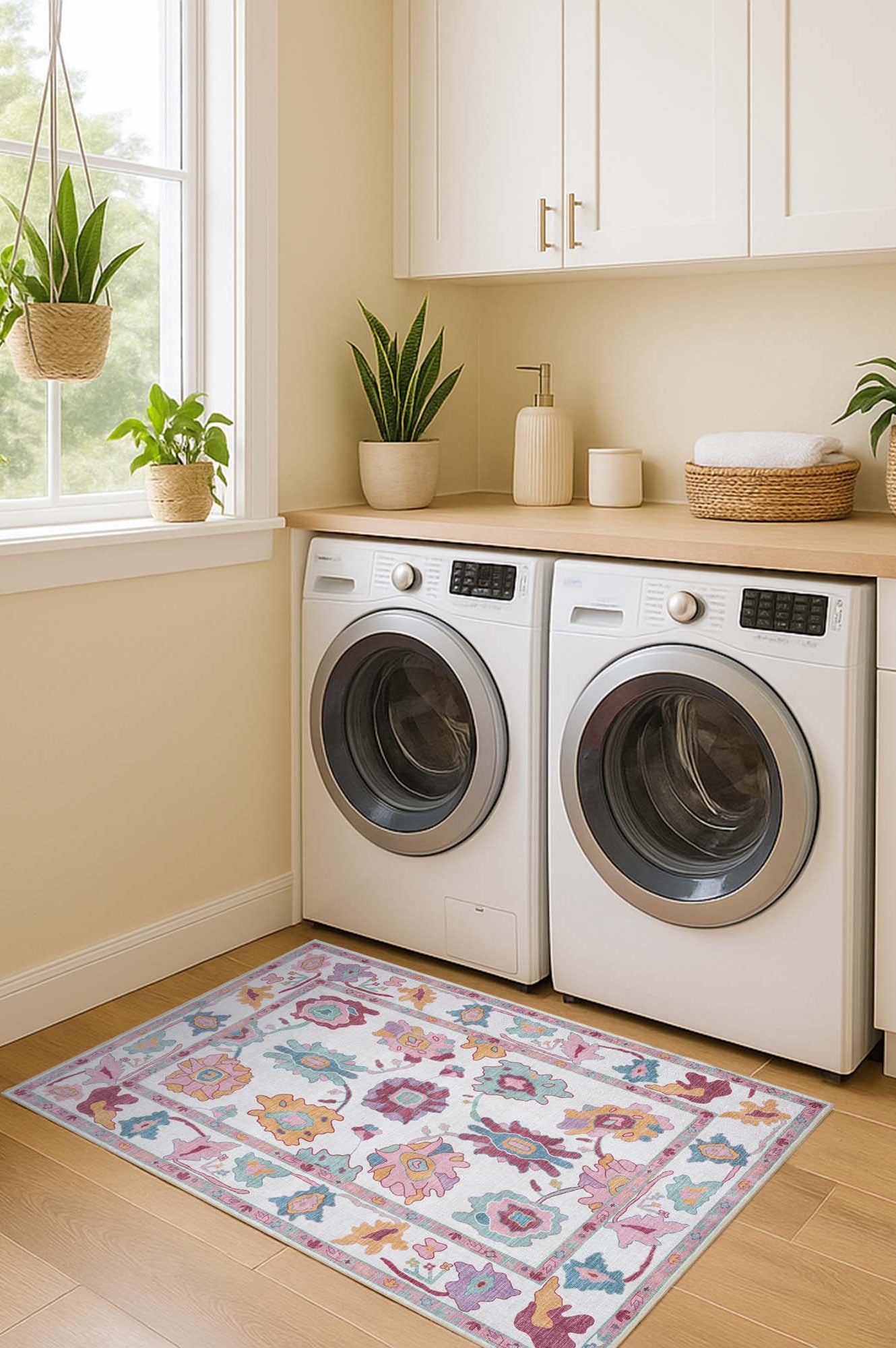 Florine Pastel Pink Orange Floral Oushak Rug