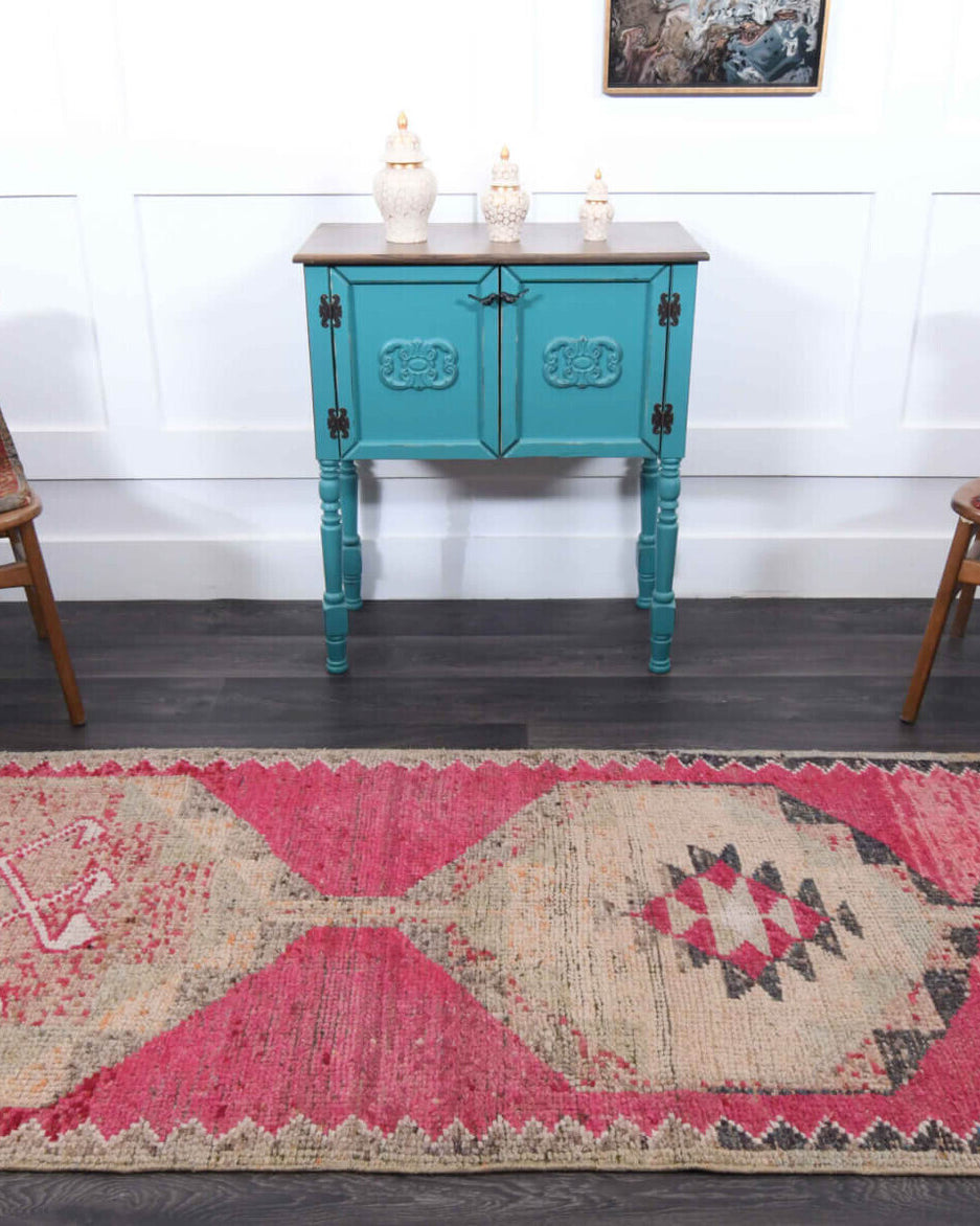 Glykochoria 1970s runner: 1970s handmade Anatolian runner with oriental motifs and cotton backing
