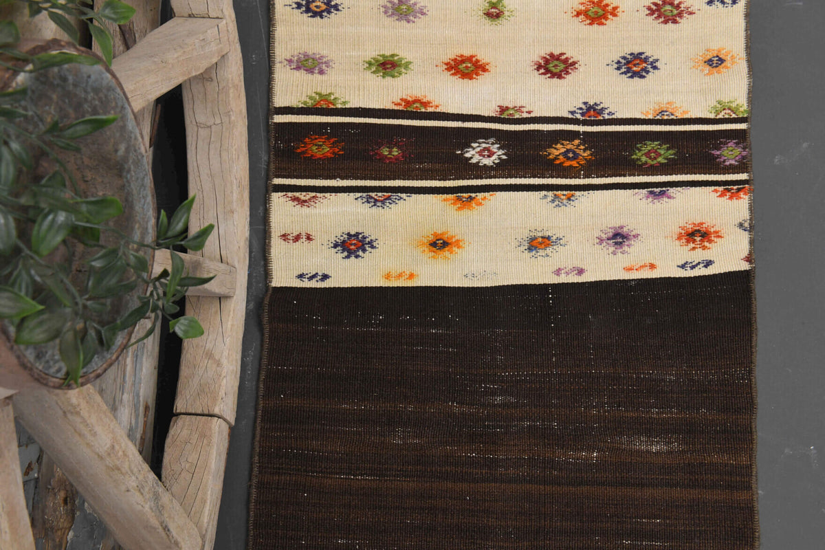 Authentic Anatolian vintage kilim runner rug (1960s) with ikat design – one-of-a-kind at Fame Rugs