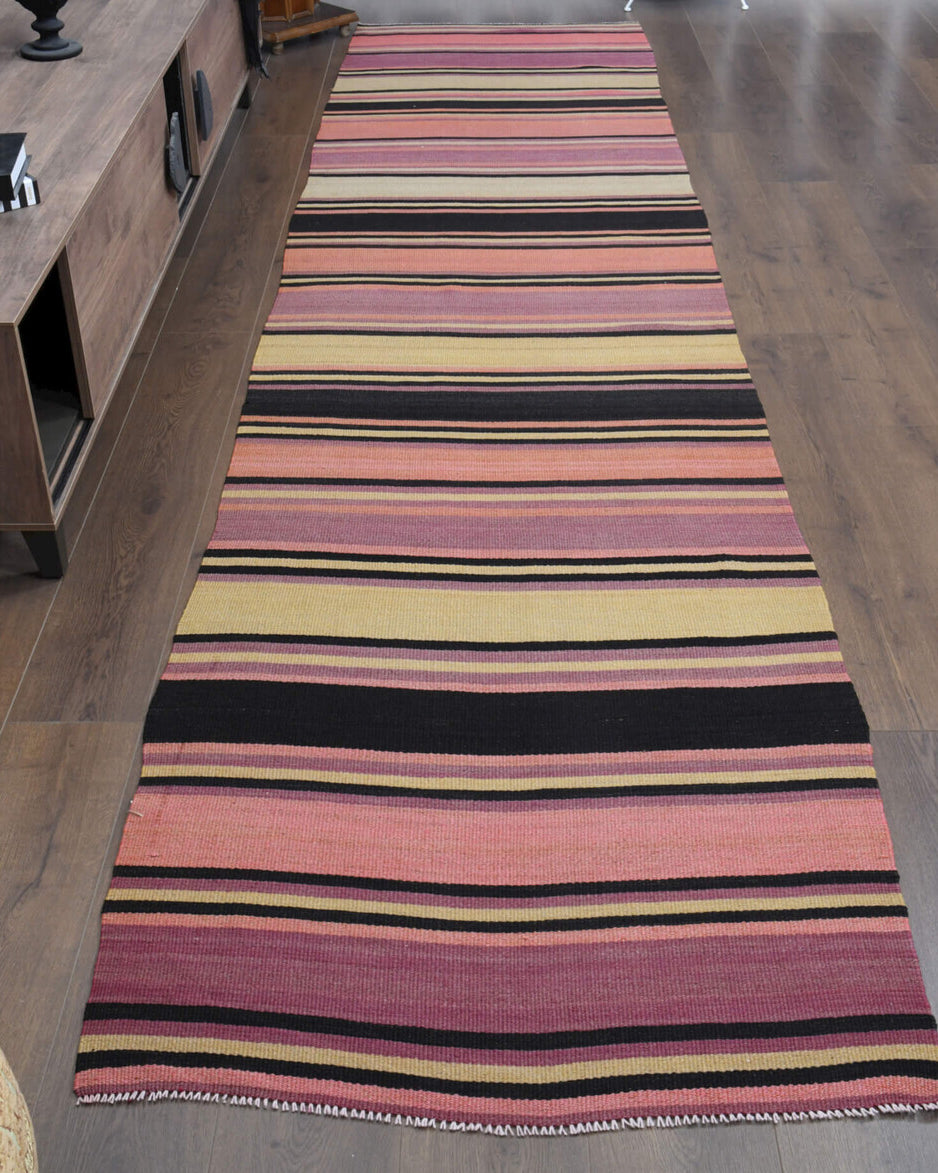 Turkish Kilim Runner Rug - Pink Purple Striped