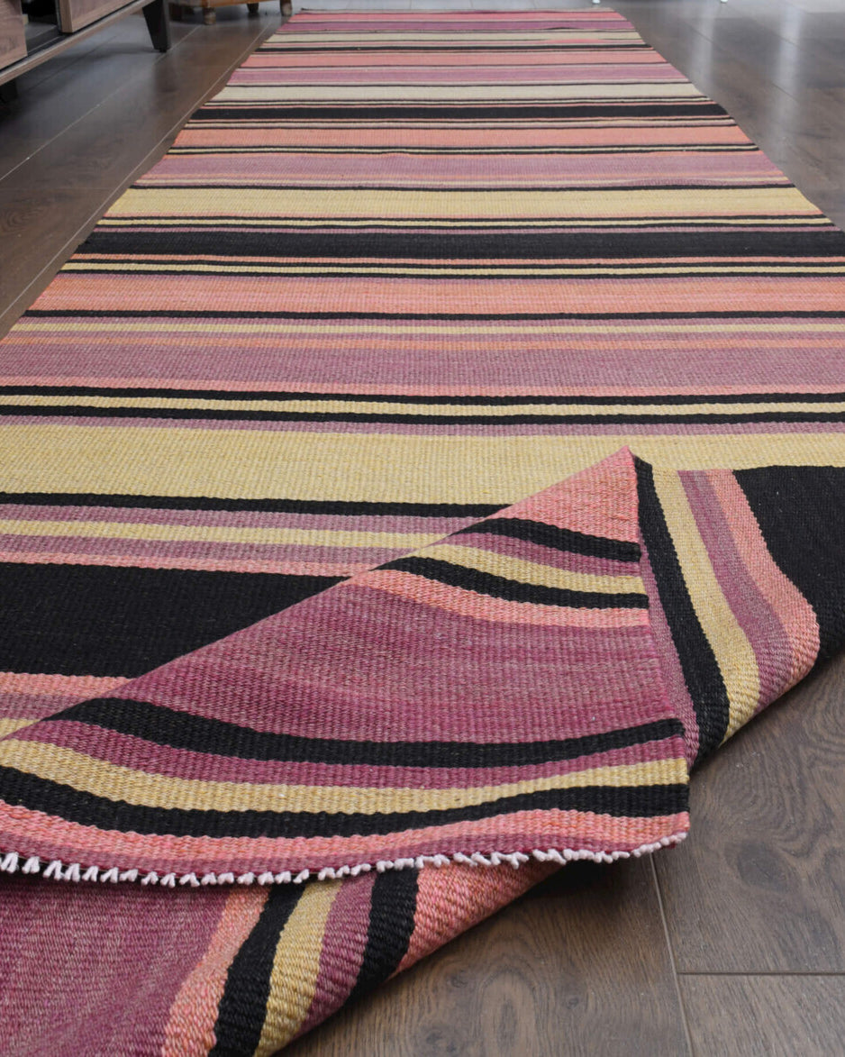Turkish Kilim Runner Rug - Pink Purple Striped