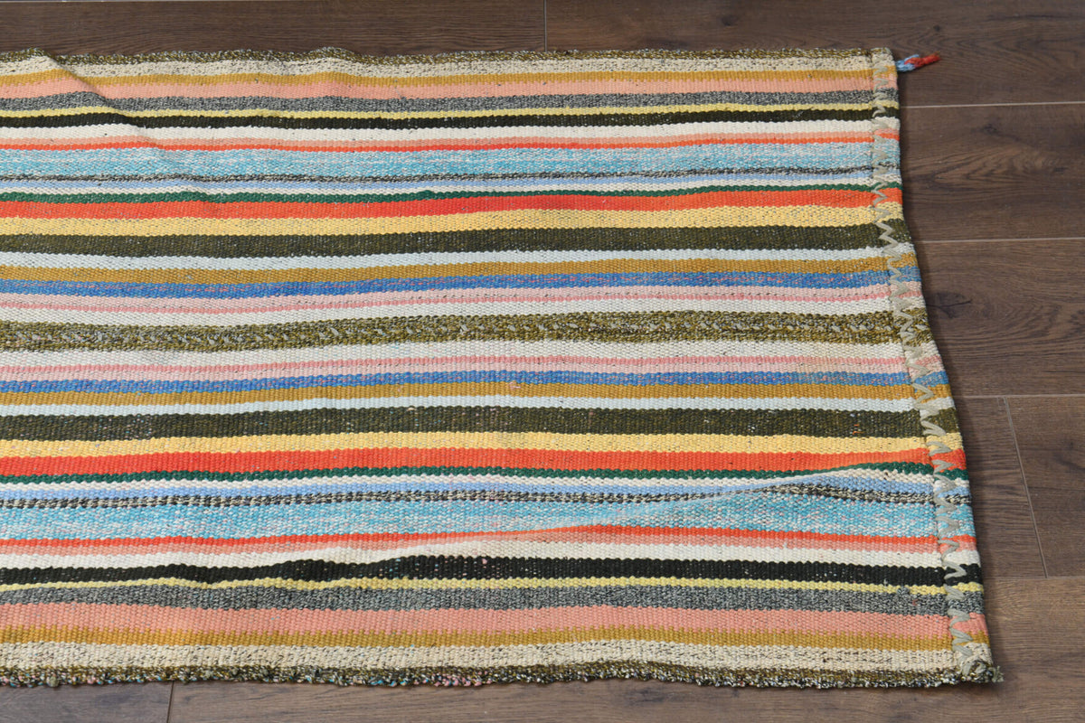 Handwoven flatweave wool kilim from Anatolia, Turkey – Turkish Striped Kilim Rug 2'7" x 8'