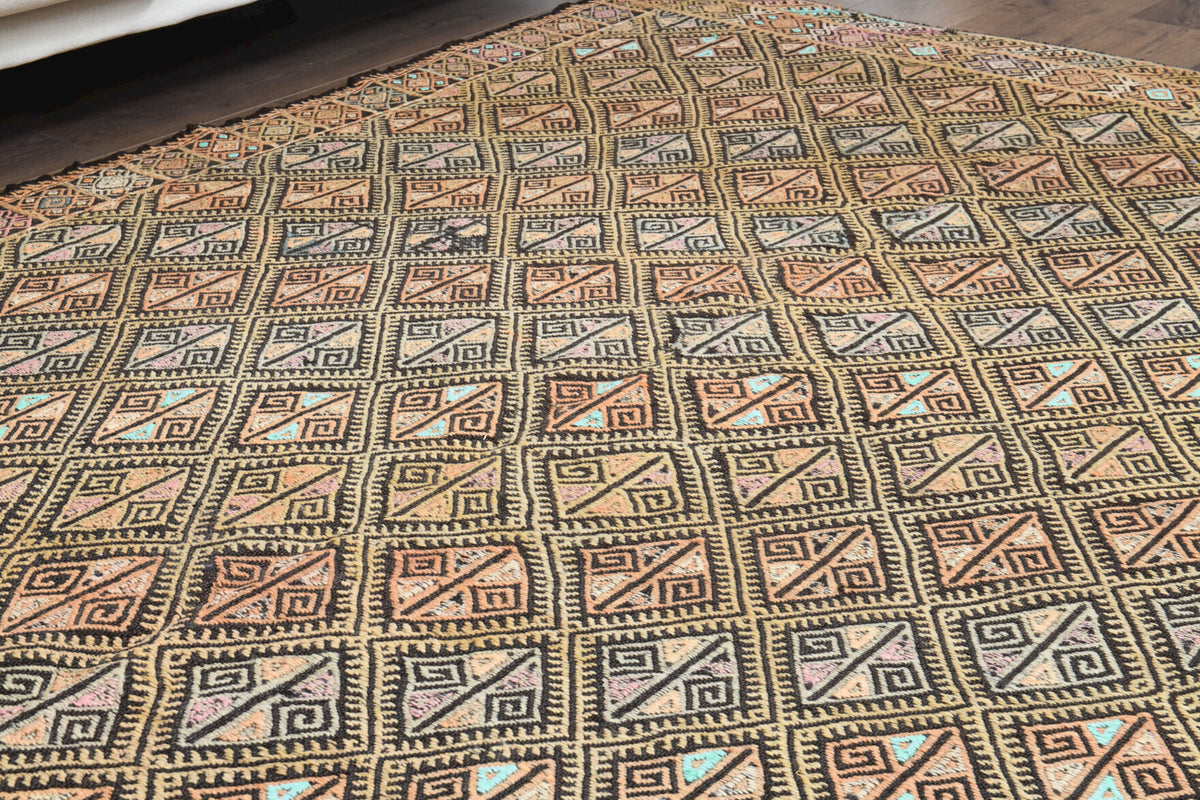 Naianassa – vintage greek key kilim for living room or bedroom, 6'1" x 6'11" (185x212 cm)