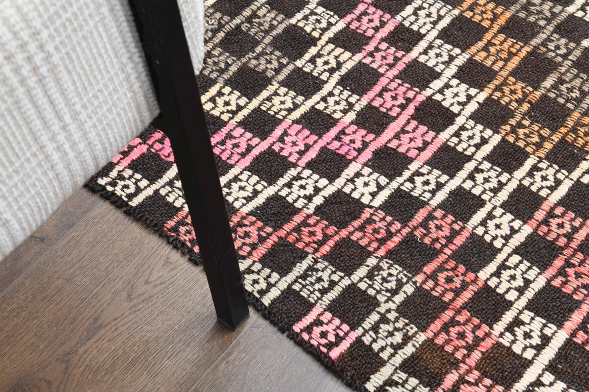Mercankusa kilim: 1960s handwoven flatweave Anatolian kilim with ikat motifs