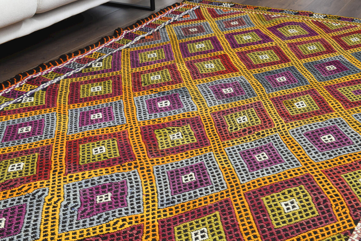 Sudenaz kilim: 1960s handwoven flatweave Anatolian kilim with ikat motifs