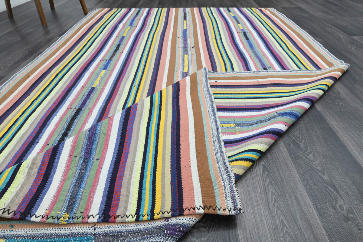 Authentic Anatolian vintage kilim rug (1960s) with striped design – one-of-a-kind at Fame Rugs