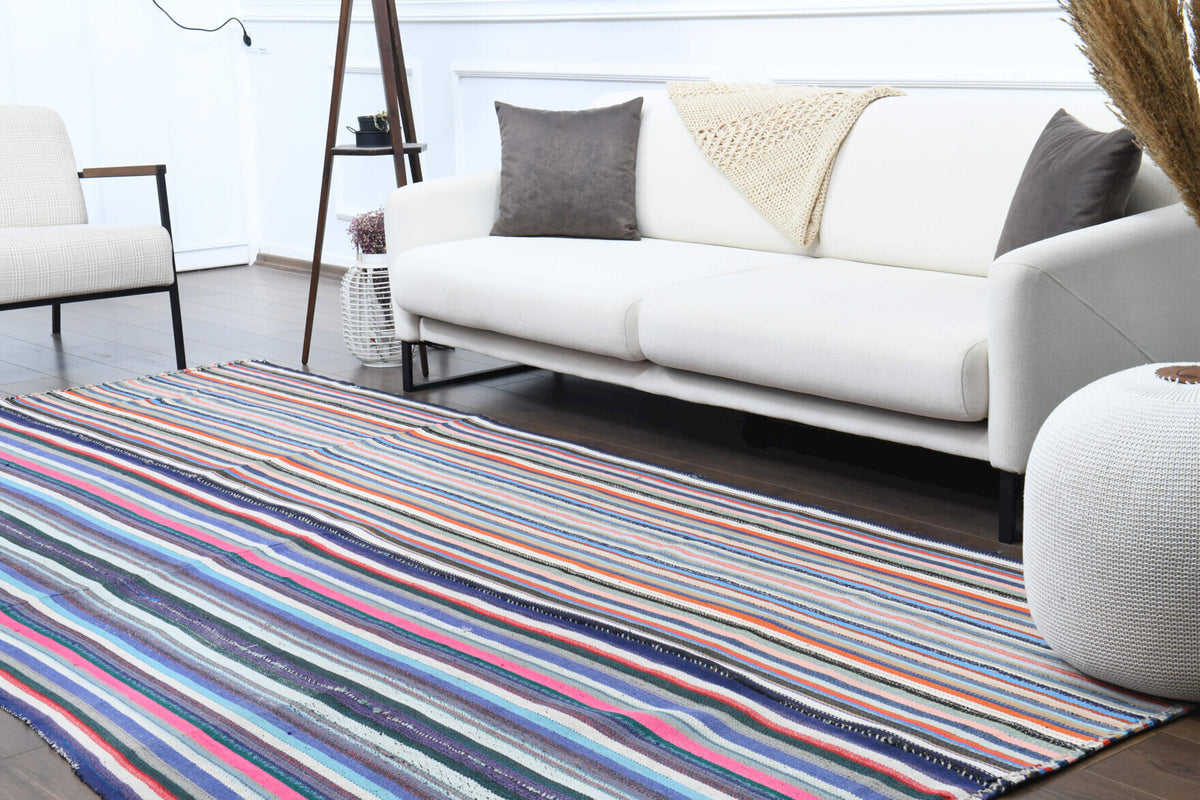 Authentic Anatolian vintage kilim rug (1960s) with striped design – one-of-a-kind at Fame Rugs