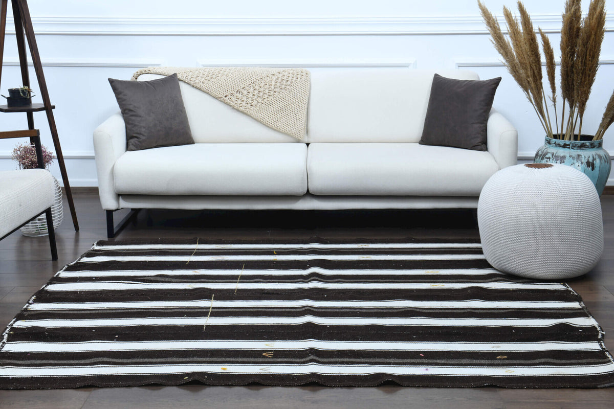 Handwoven flatweave wool kilim from Anatolia, Turkey – Black & White Striped Rug 5'6" x 6'7"