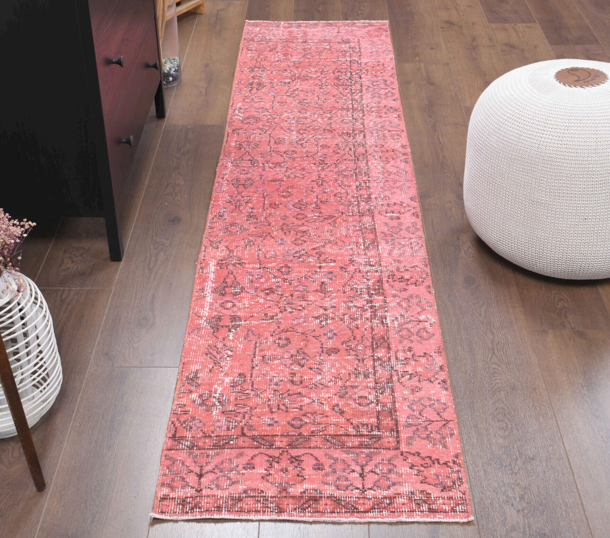 Pink Floral Anatolian Rug - Vintage from 1970′s