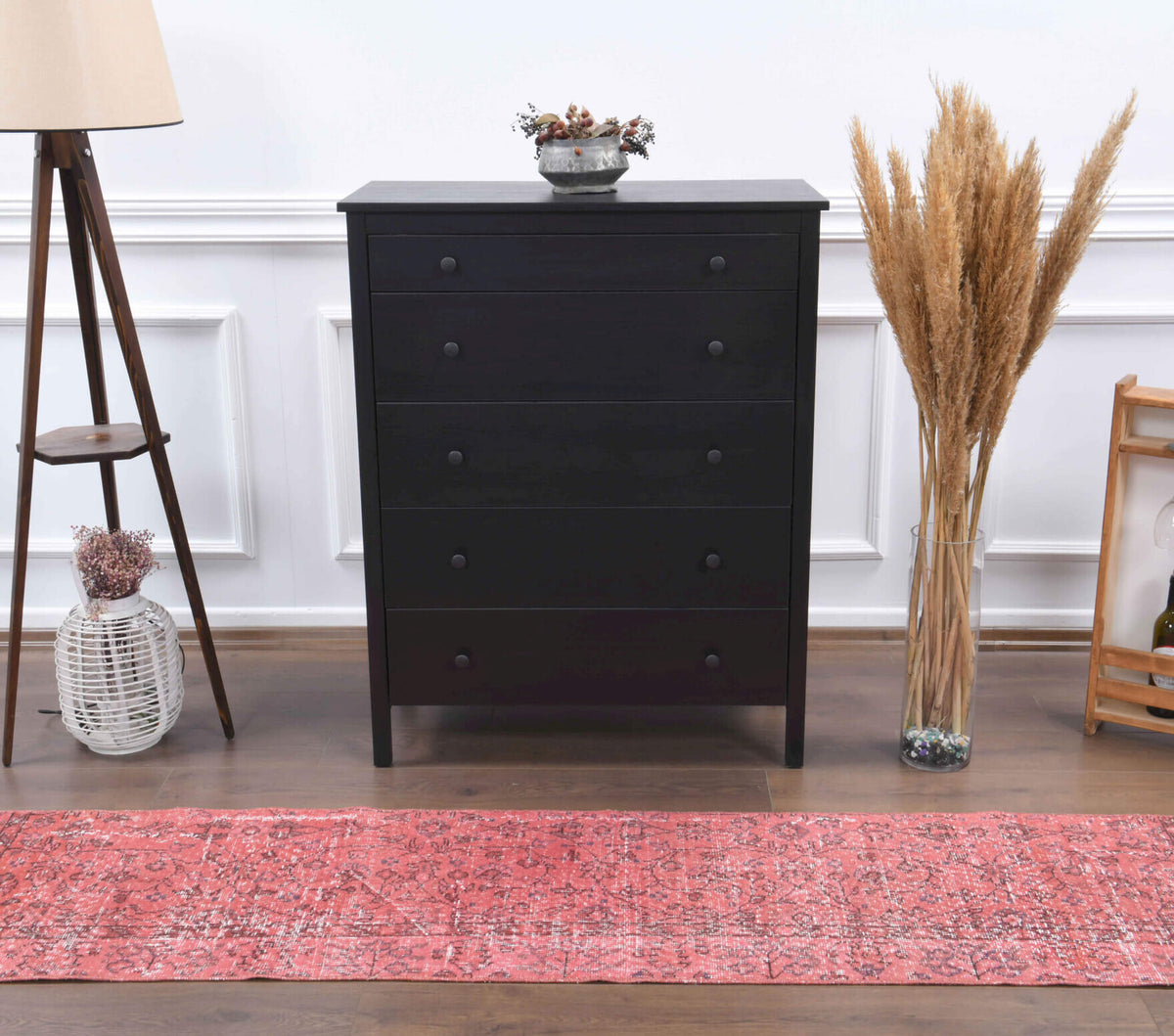 Pink Floral Anatolian Rug - Vintage from 1970′s