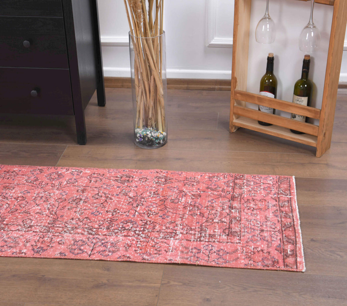 Pink Floral Anatolian Rug - Vintage from 1970′s