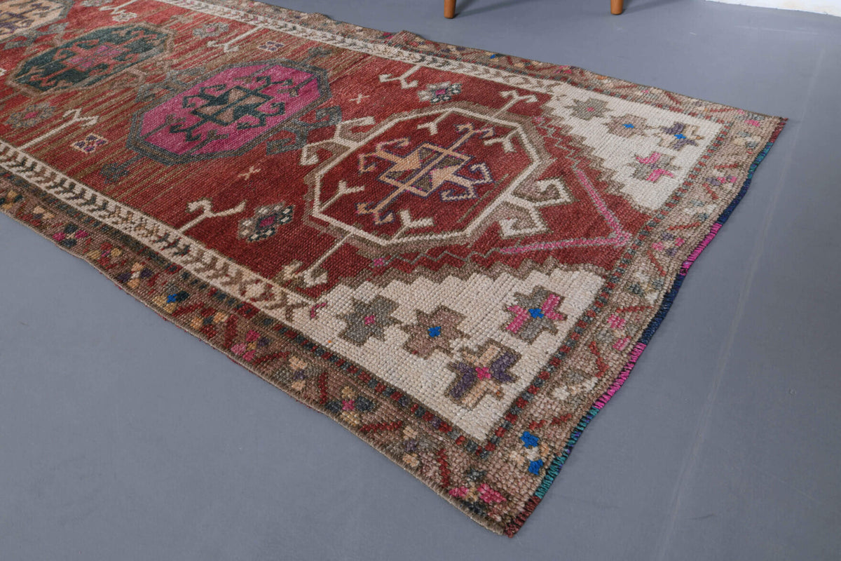 90x390 cm vintage Anatolian runner rug – Leylanaz, low pile, wool