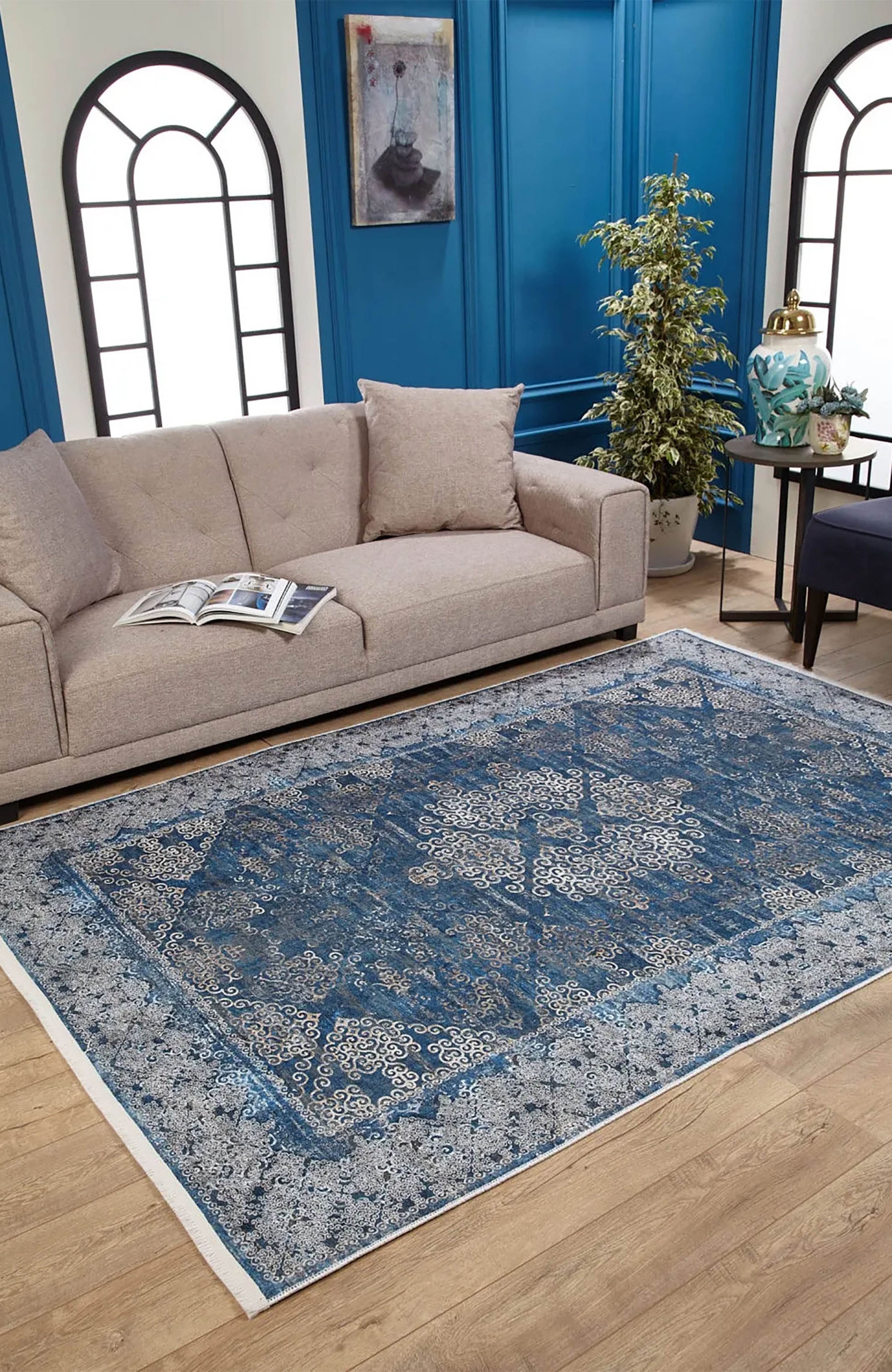 Hannah Turkish Floral Vintage Medallion Geometric Blue Rug