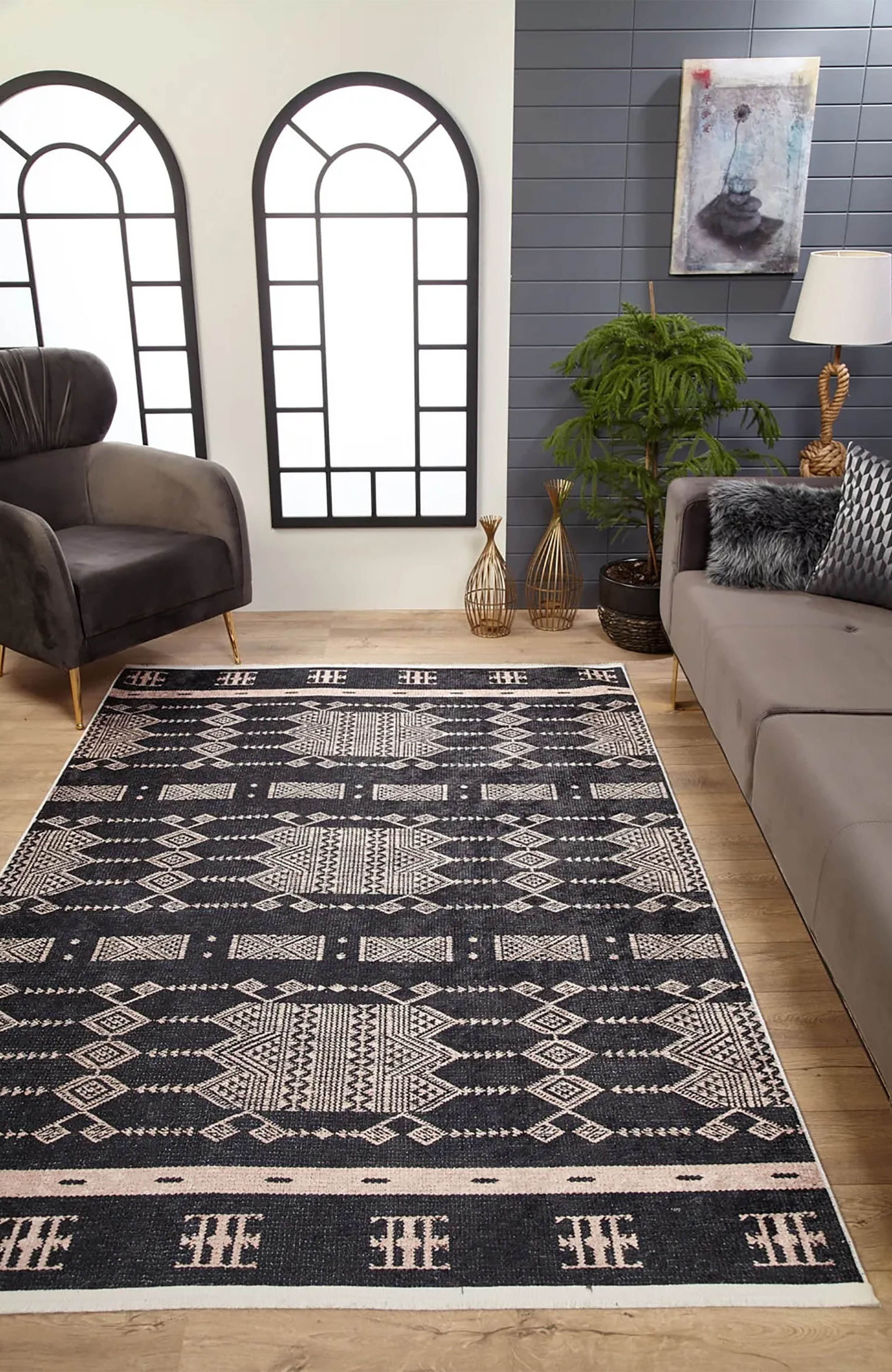 Dream Bohemian Geometric Turkish Kilim Black Rug