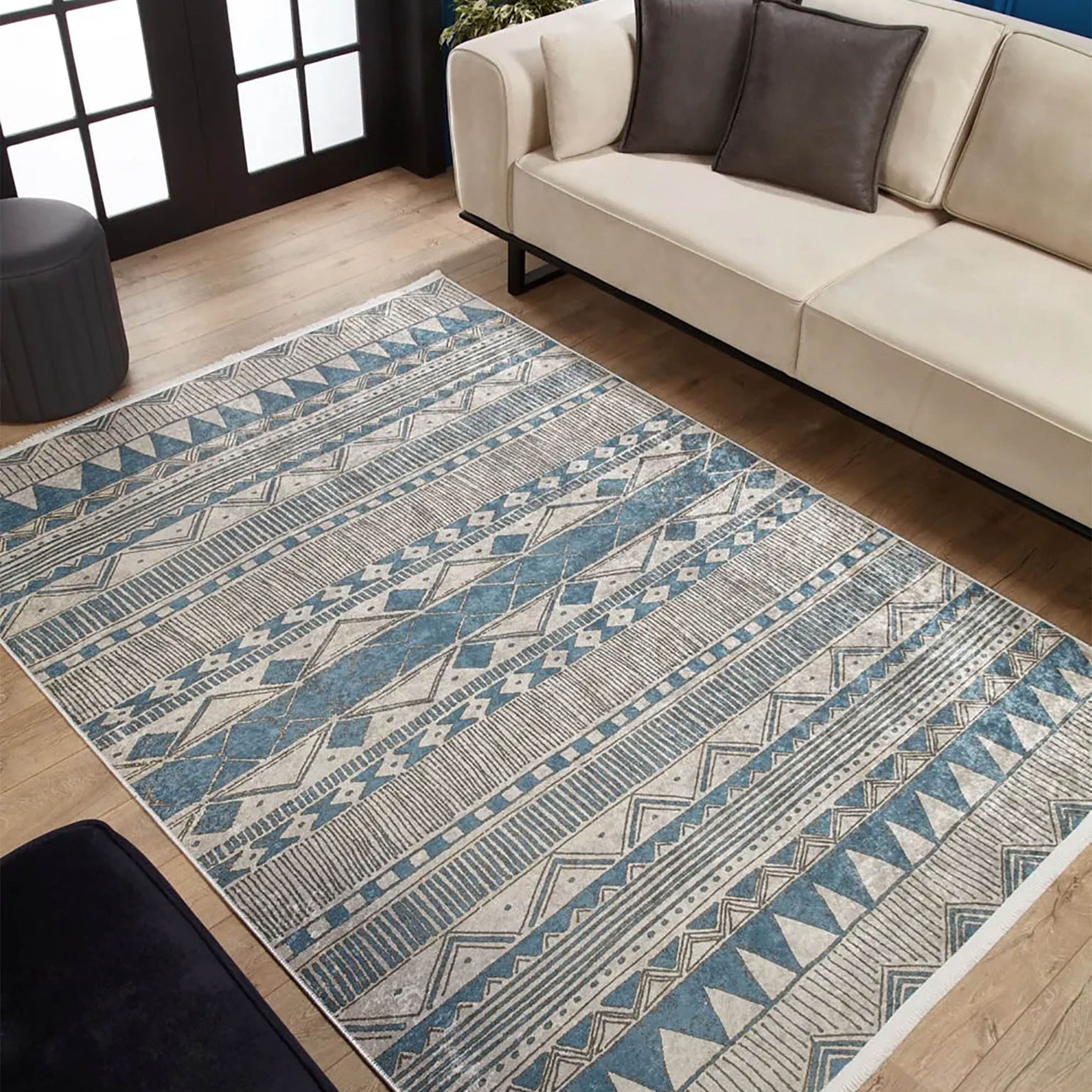 Alaya Turkish Blue Geometric Artistic Decor Rug