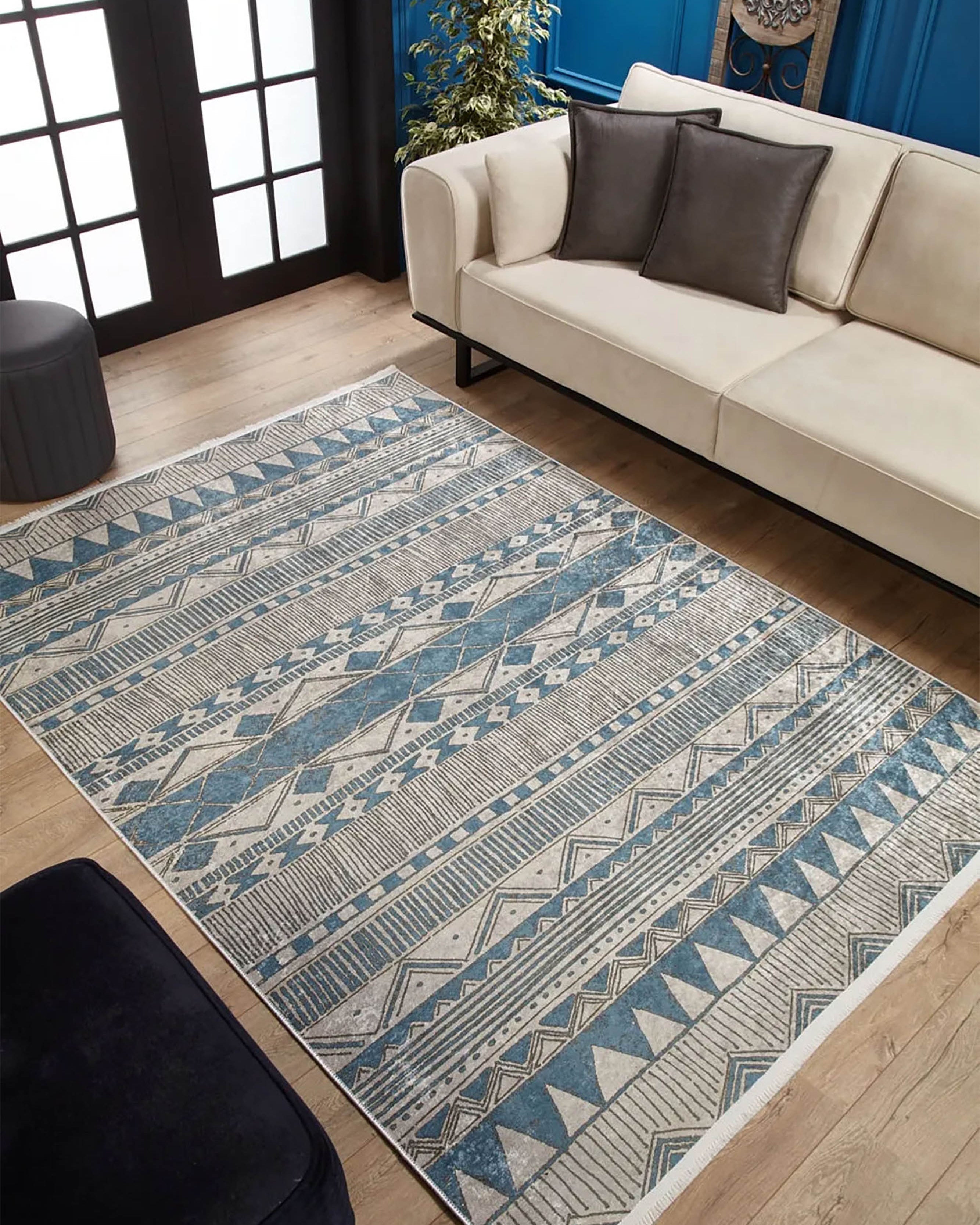 Alaya Turkish Blue Geometric Artistic Decor Rug