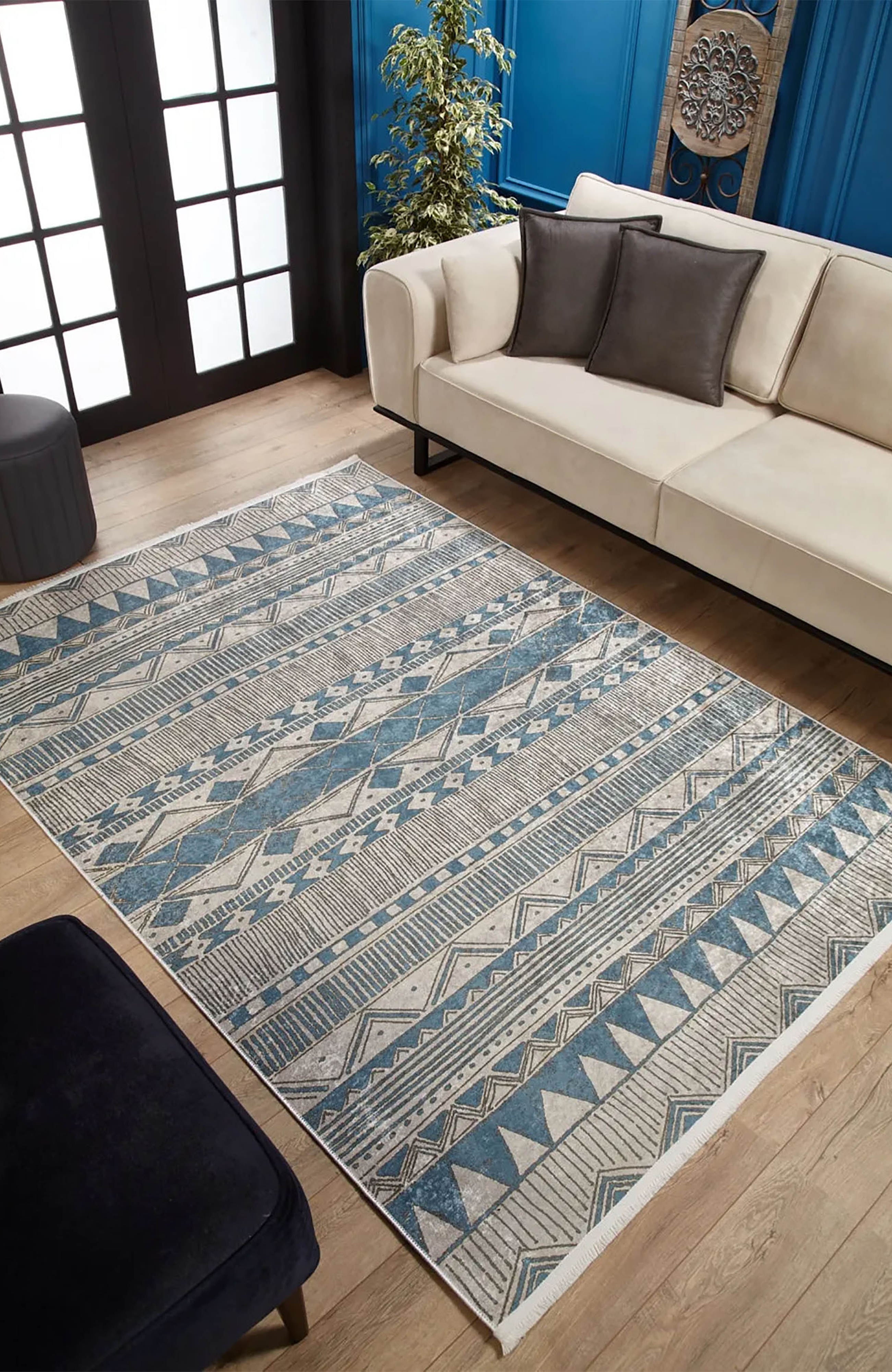 Alaya Turkish Blue Geometric Artistic Decor Rug