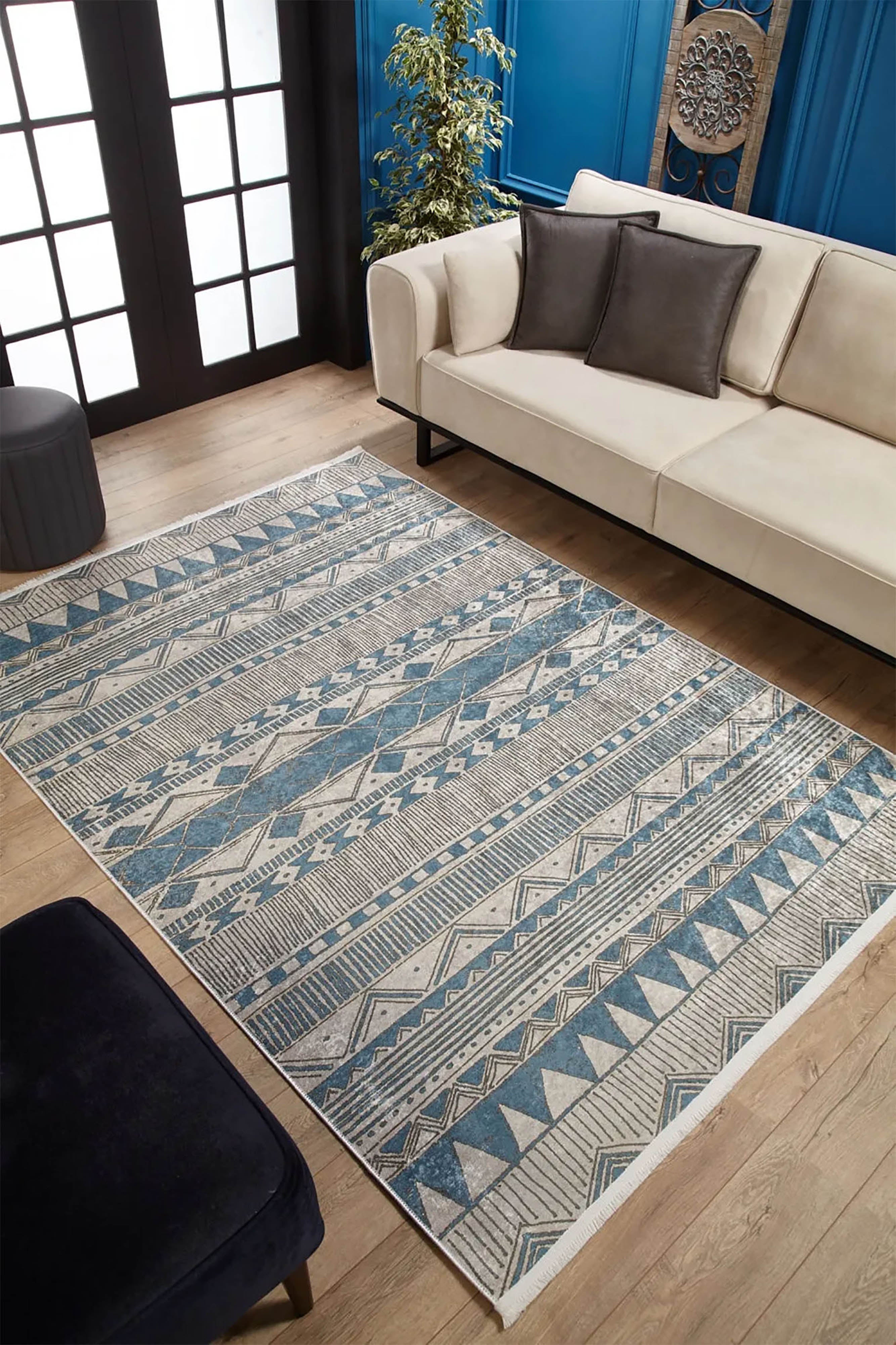Alaya Turkish Blue Geometric Artistic Decor Rug