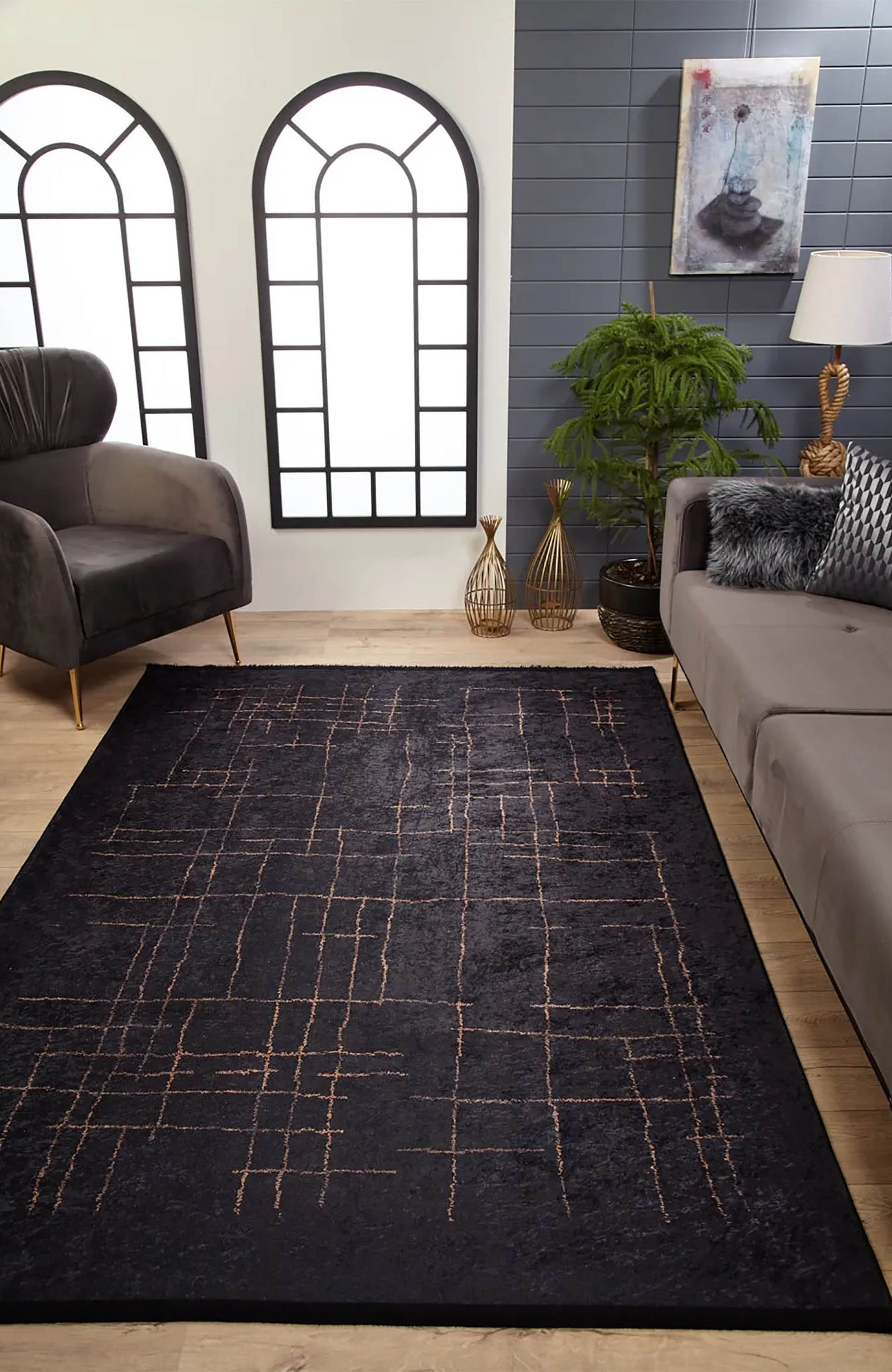 Daniela Trellis Geometric Luxury Black Brown Rug