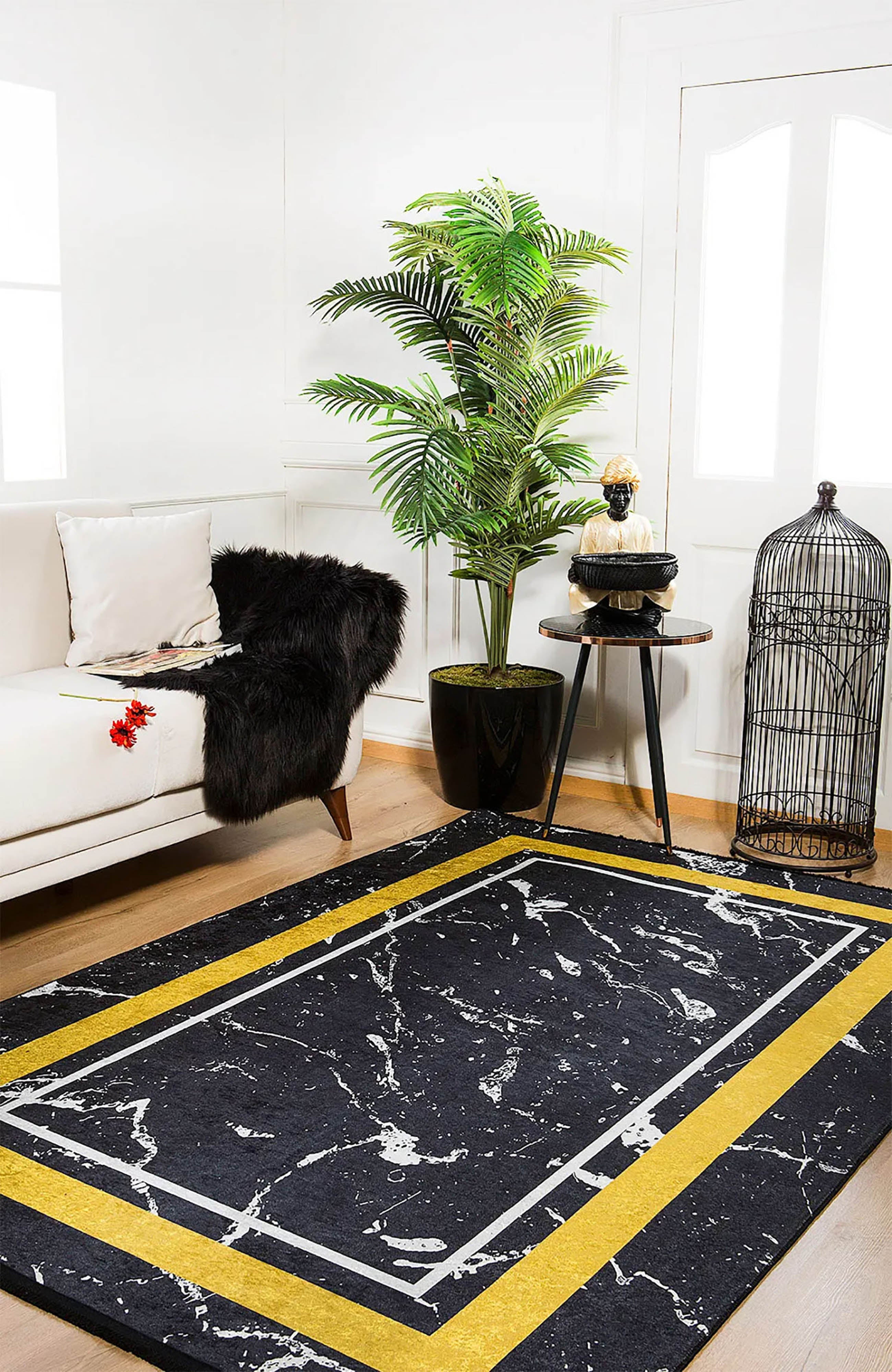 Wren Geometric Marble Border Modern Rug