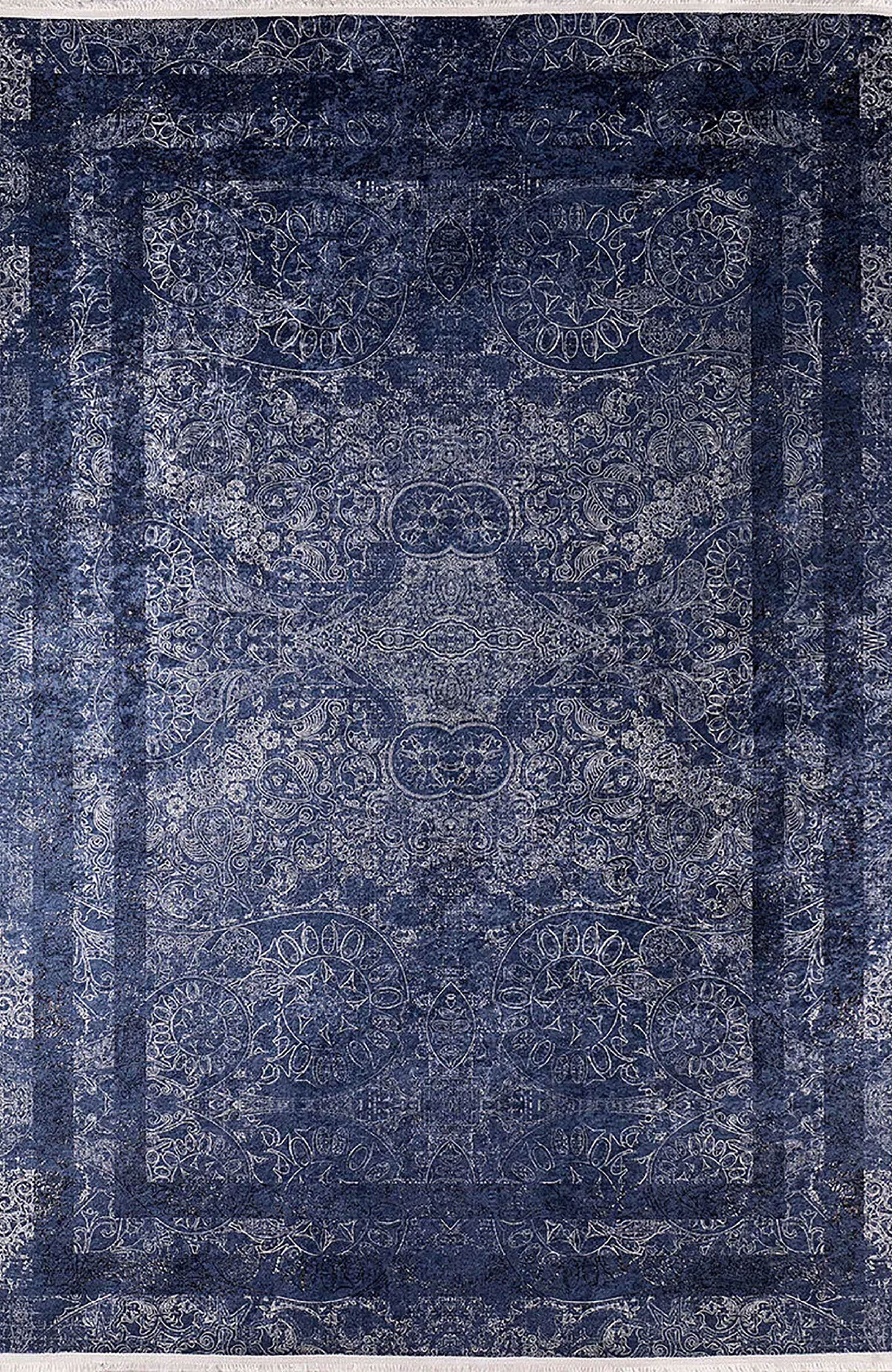 Marisol Marble Navy Blue Bordered Geometric Rug