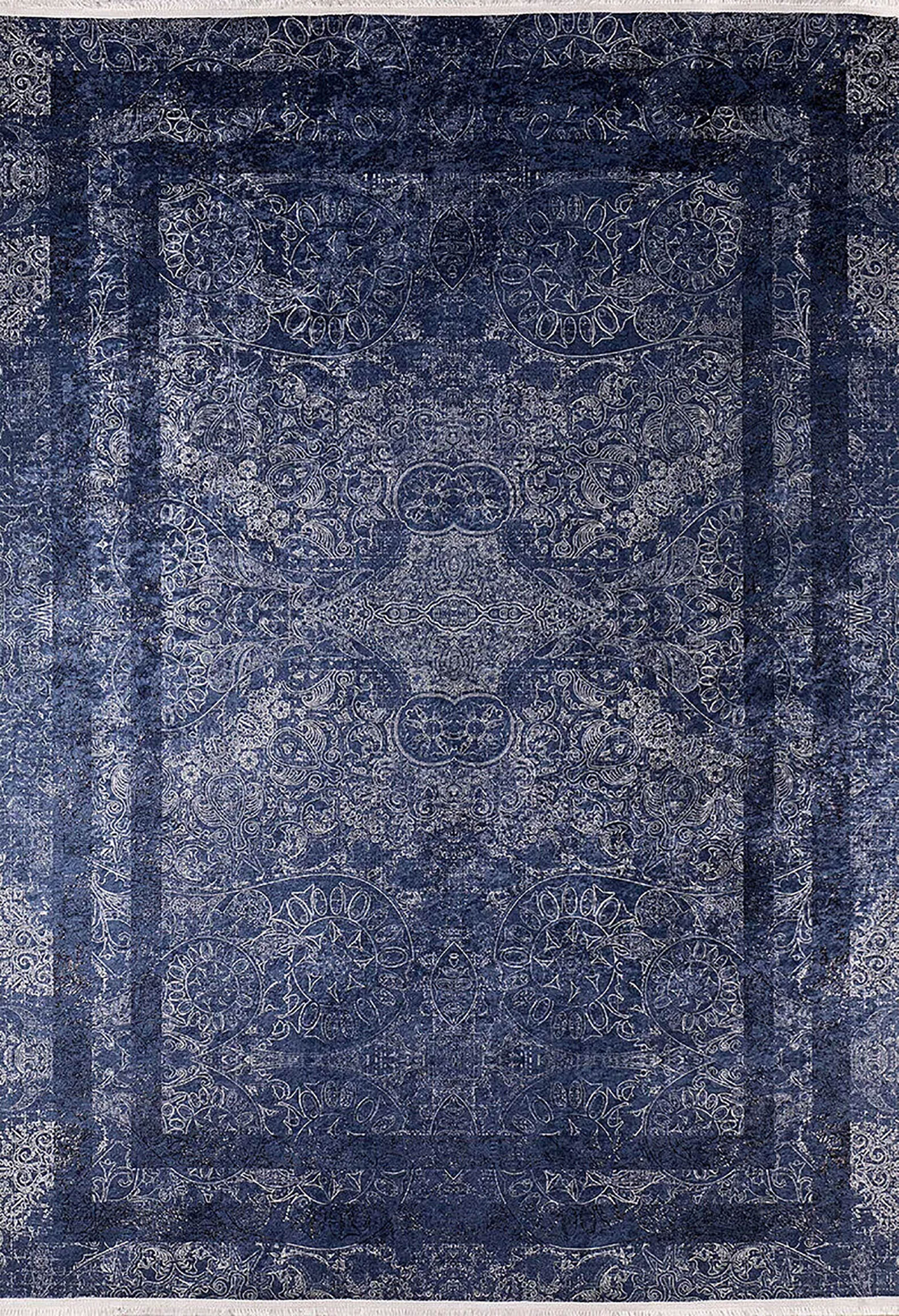Marisol Marble Navy Blue Bordered Geometric Rug