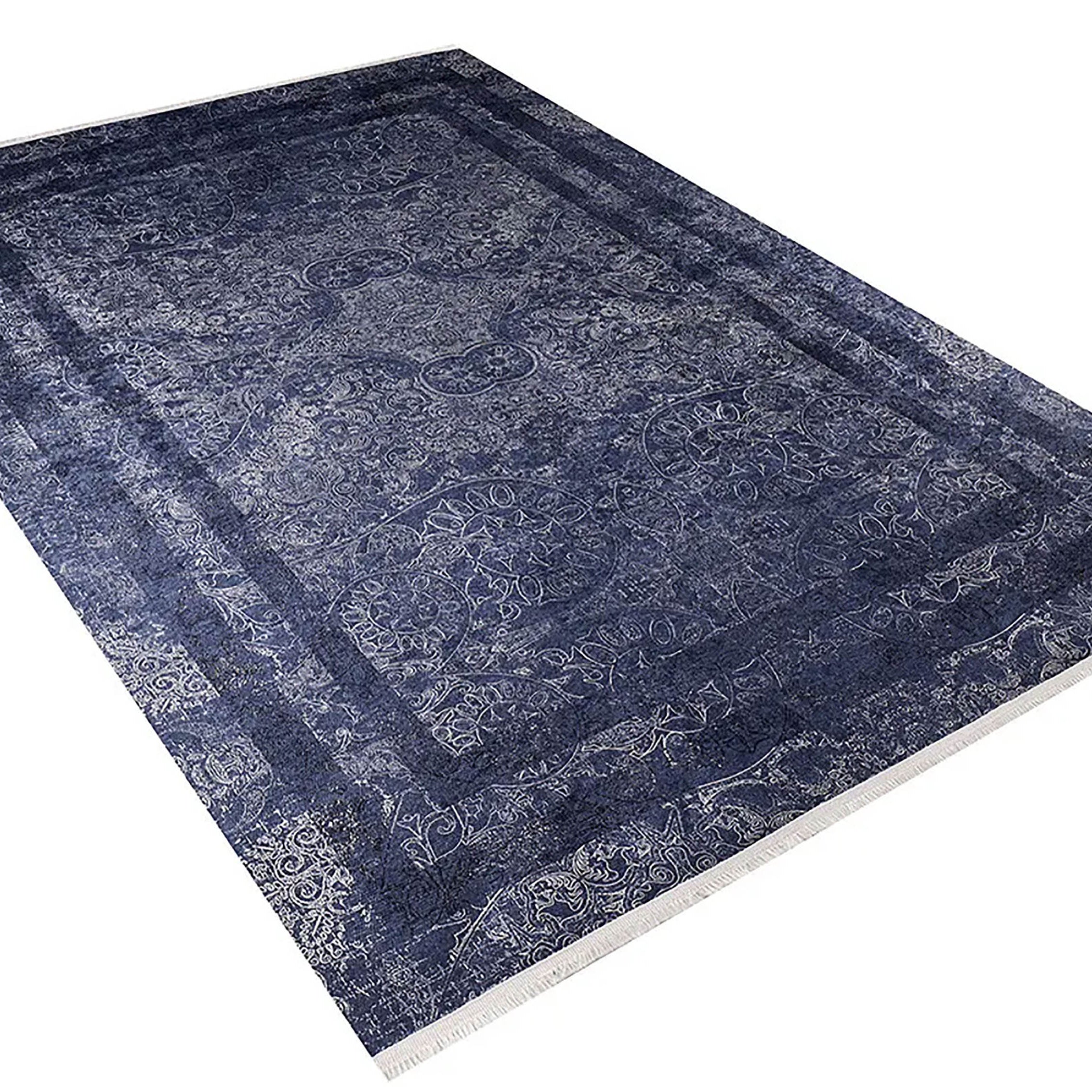 Marisol Marble Navy Blue Bordered Geometric Rug